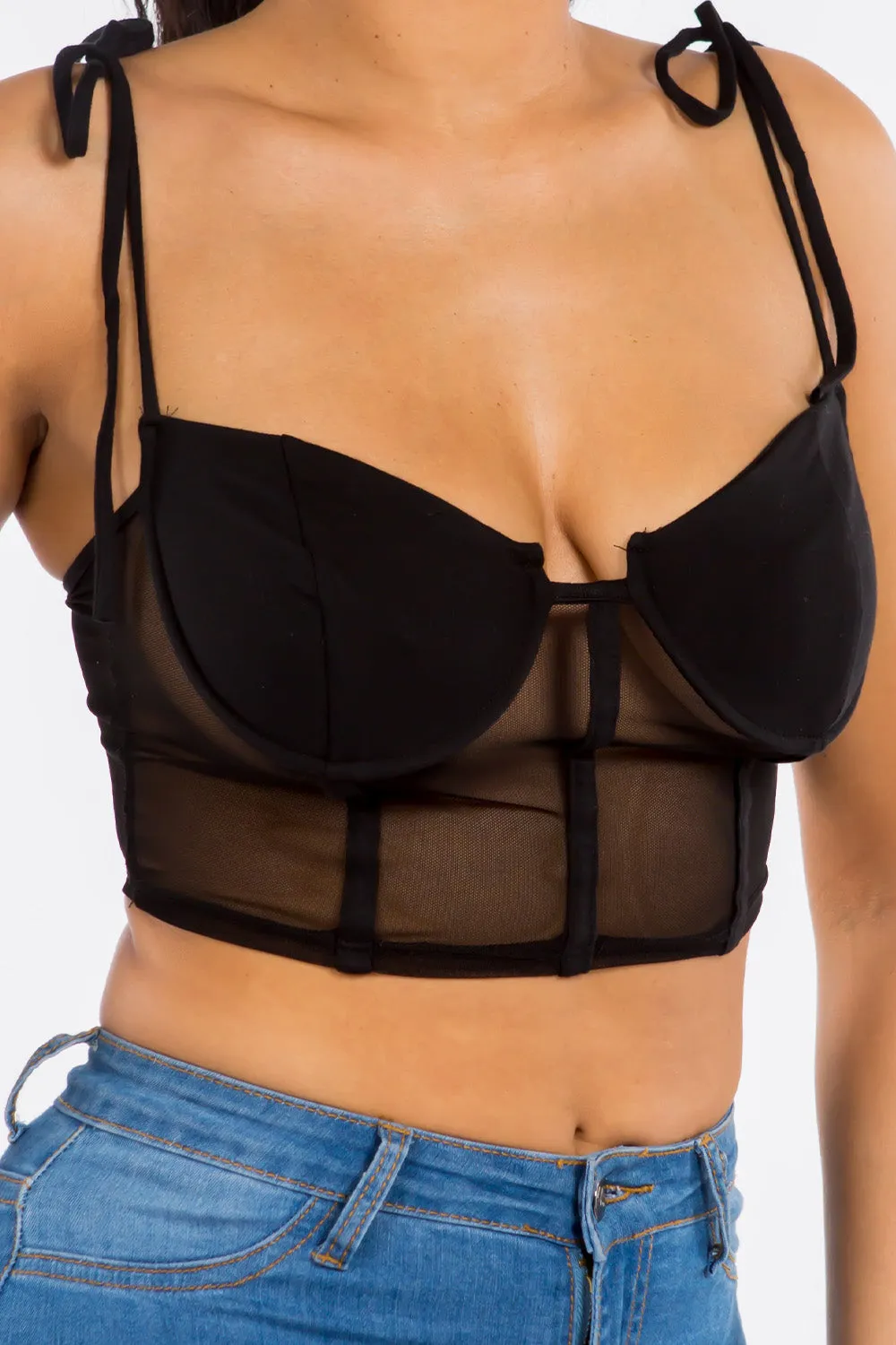 Cece Mesh Bustier Crop Top - Black