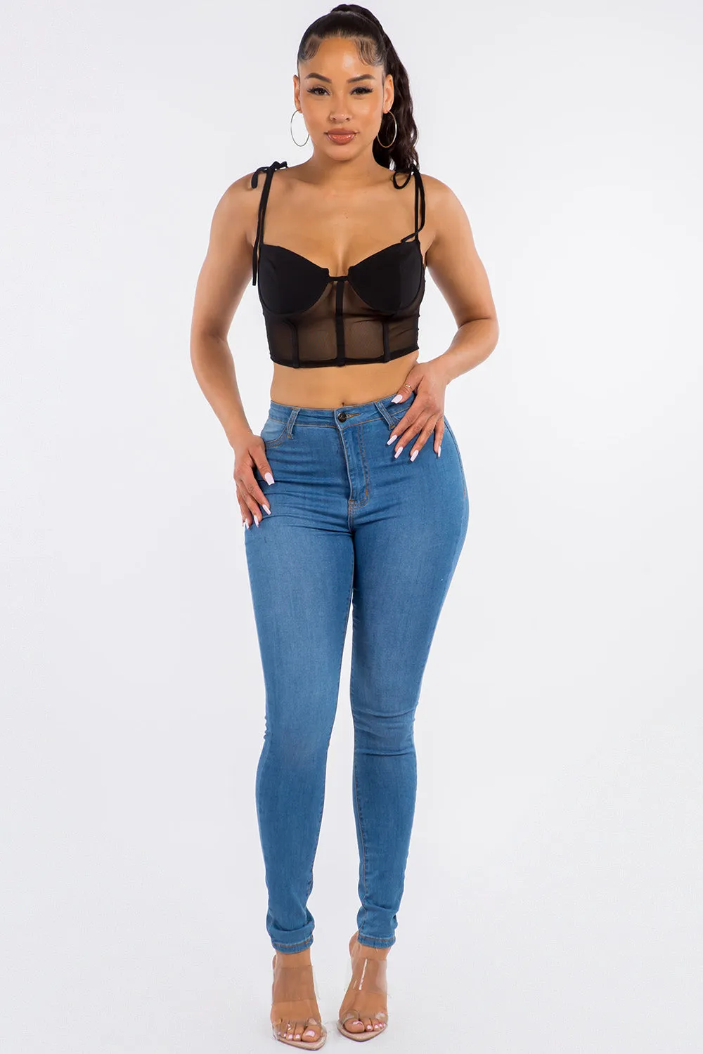 Cece Mesh Bustier Crop Top - Black
