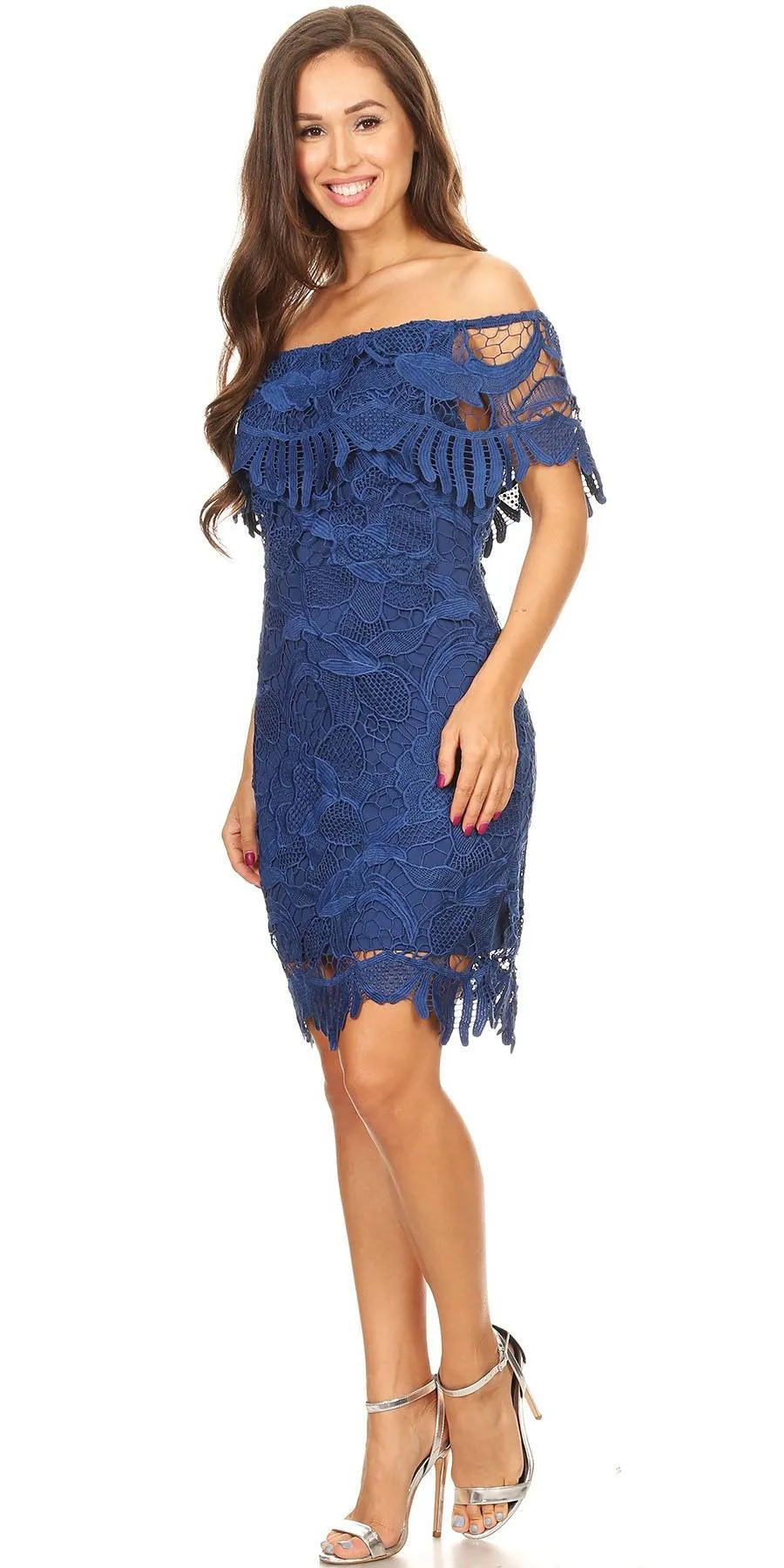 Celavie 8508 Off Shoulder Dress Short Scalloped Hem