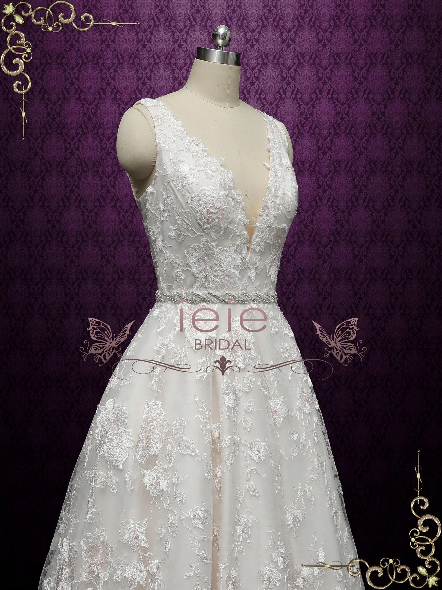 Champagne Lace Ball Gown Wedding with Plunging Neckline ARLET