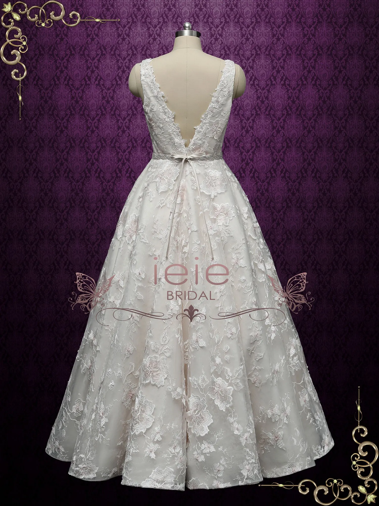 Champagne Lace Ball Gown Wedding with Plunging Neckline ARLET