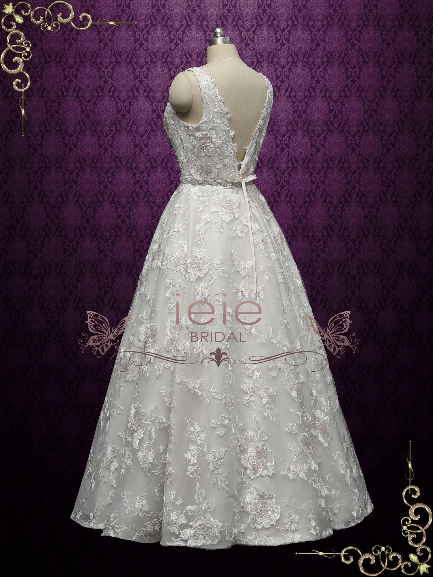 Champagne Lace Ball Gown Wedding with Plunging Neckline ARLET