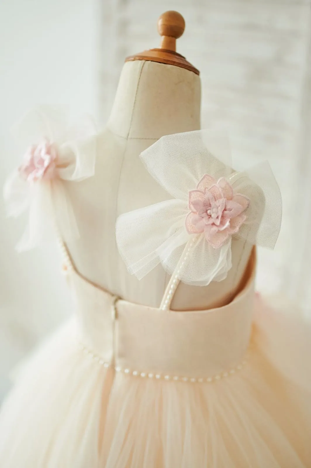 Champagne Tulle Spaghetti Straps Pearls Embroidery Wedding Flower Girl Dress