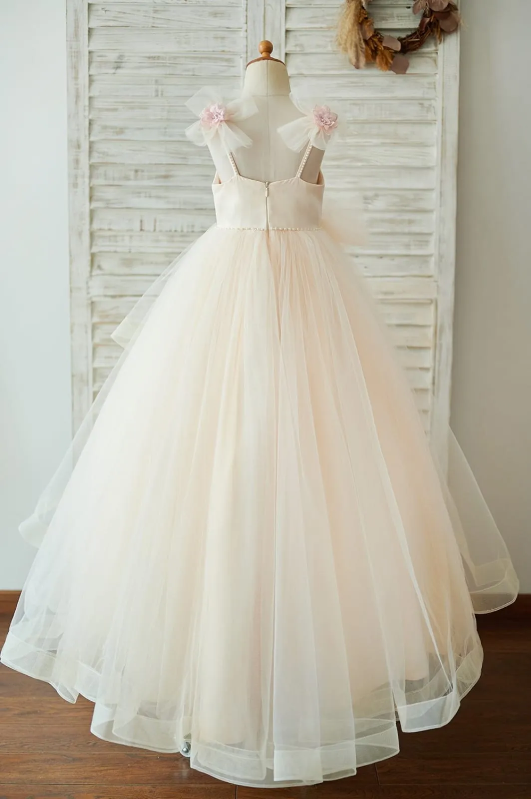 Champagne Tulle Spaghetti Straps Pearls Embroidery Wedding Flower Girl Dress