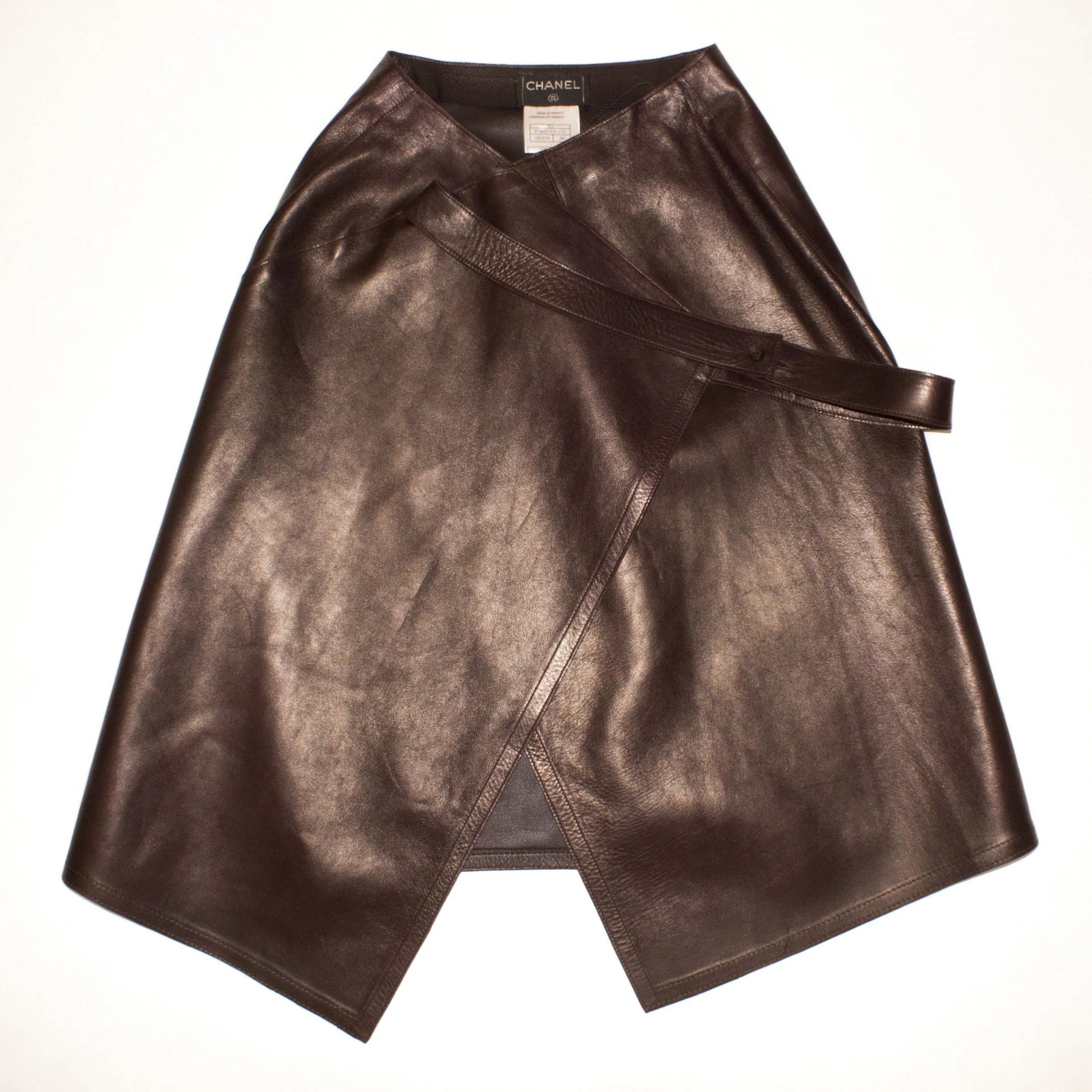 CHANEL Brown Leather Cross-Over Skirt Size 38