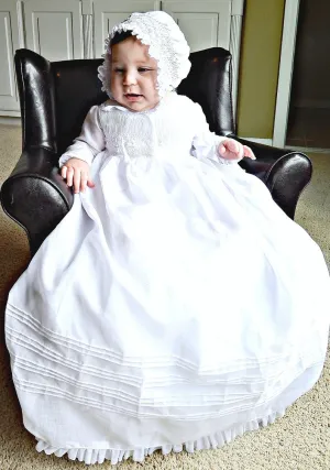 Christening Gown Long Sleeves  Baptism Dress Gown White or  Ivory with  Bonnet Free Personalization