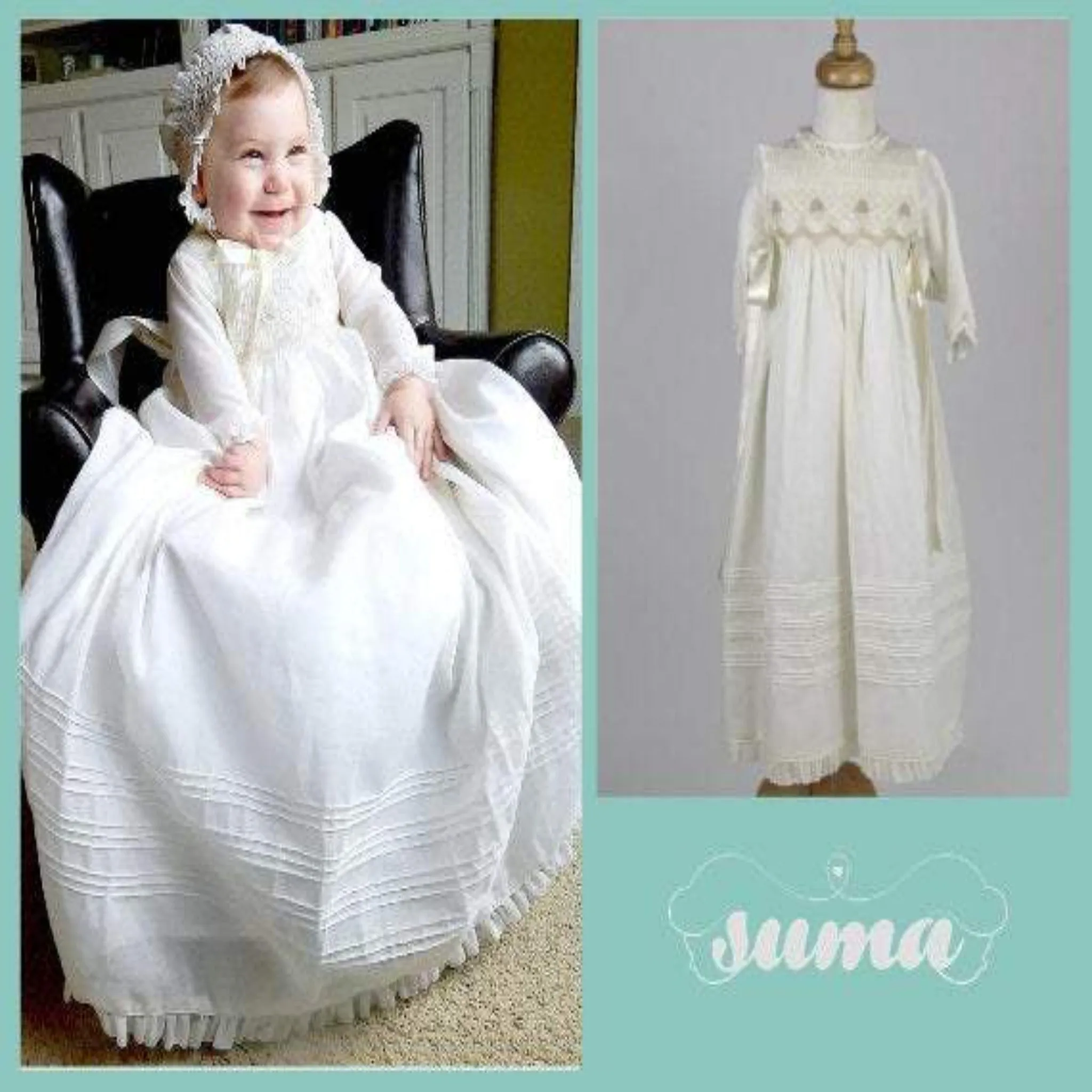 Christening Gown Long Sleeves  Baptism Dress Gown White or  Ivory with  Bonnet Free Personalization