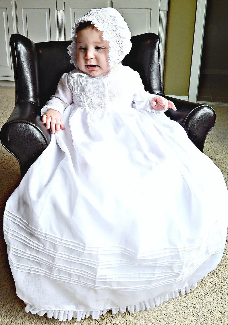 Christening Gown Long Sleeves  Baptism Dress Gown White or  Ivory with  Bonnet Free Personalization