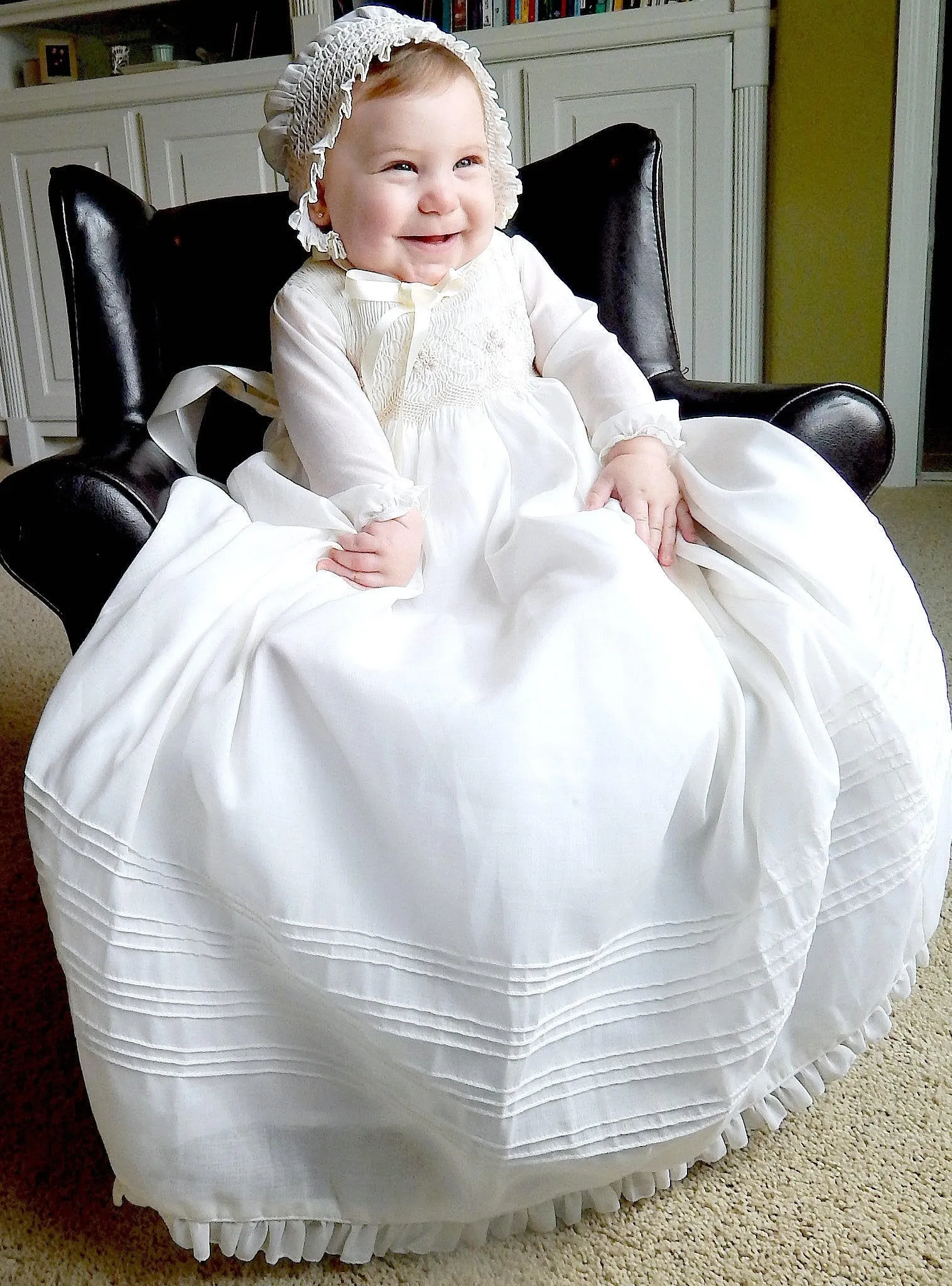 Christening Gown Long Sleeves  Baptism Dress Gown White or  Ivory with  Bonnet Free Personalization
