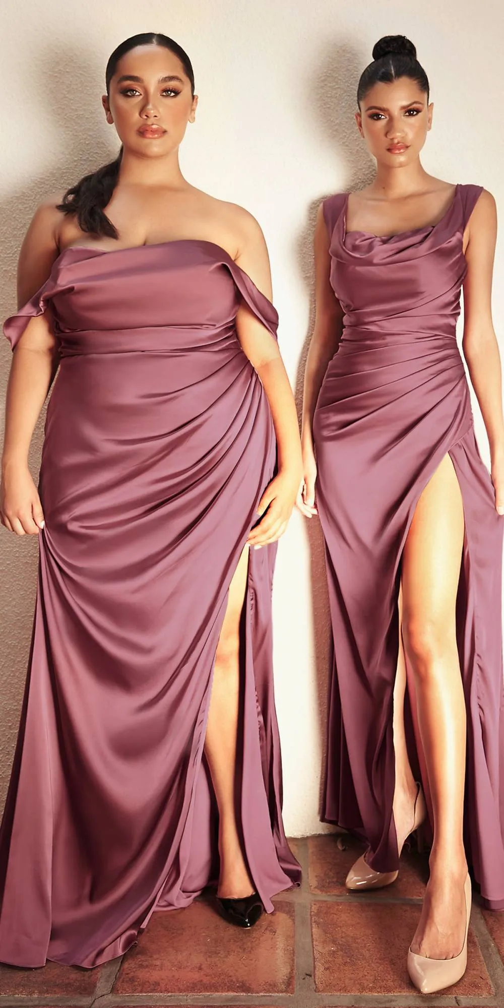 Cinderella Divine 7488C Long Column Satin Formal Dress Gathered