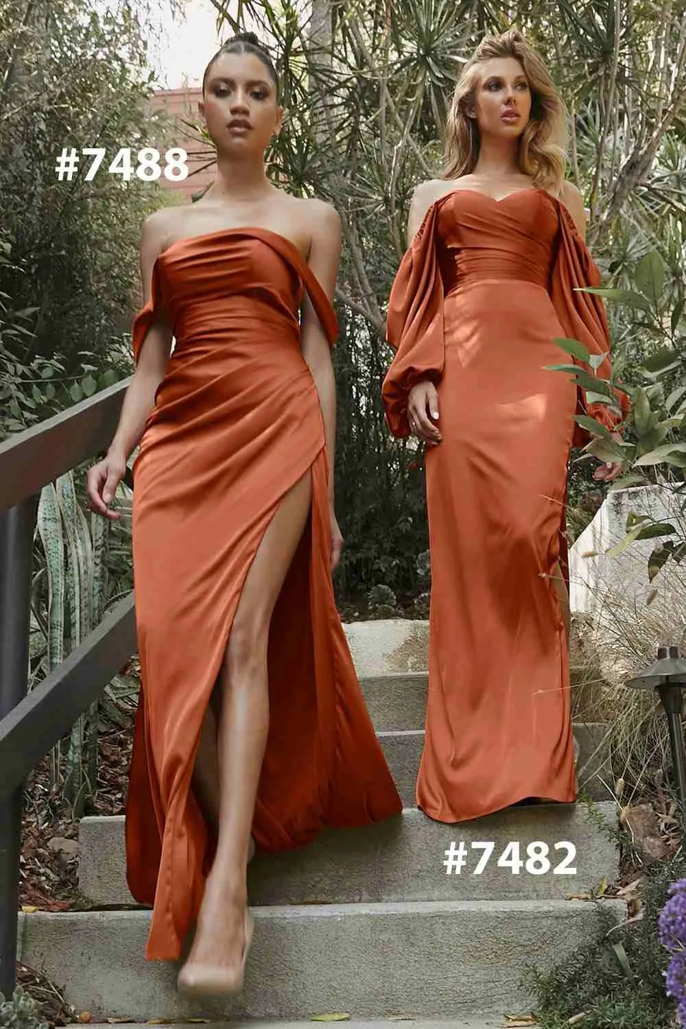 Cinderella Divine 7488C Long Column Satin Formal Dress Gathered