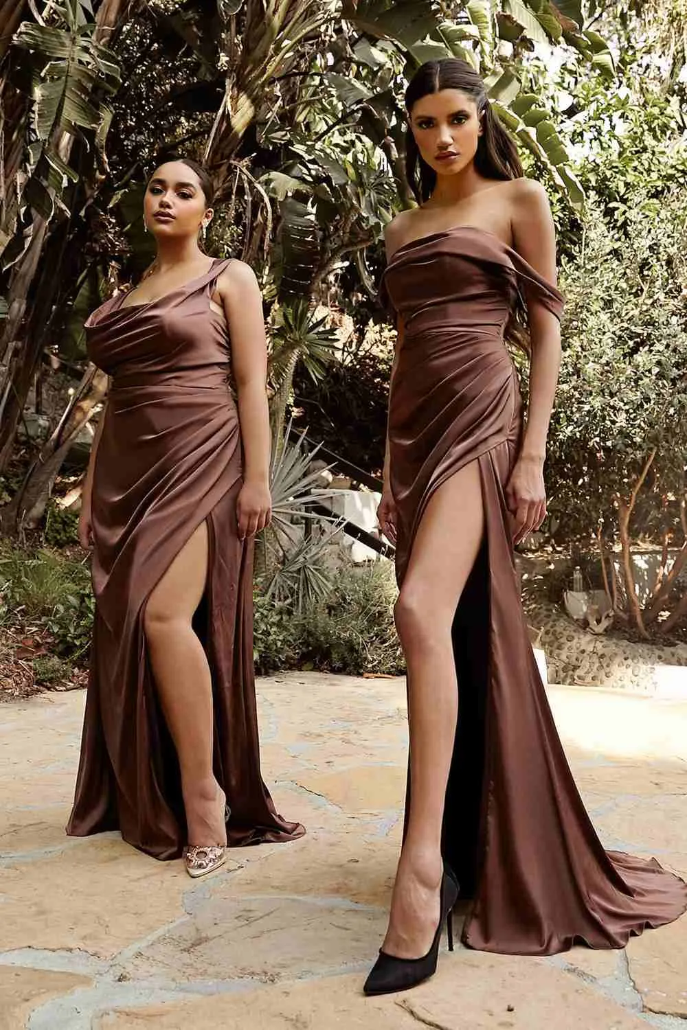 Cinderella Divine 7488C Long Column Satin Formal Dress Gathered