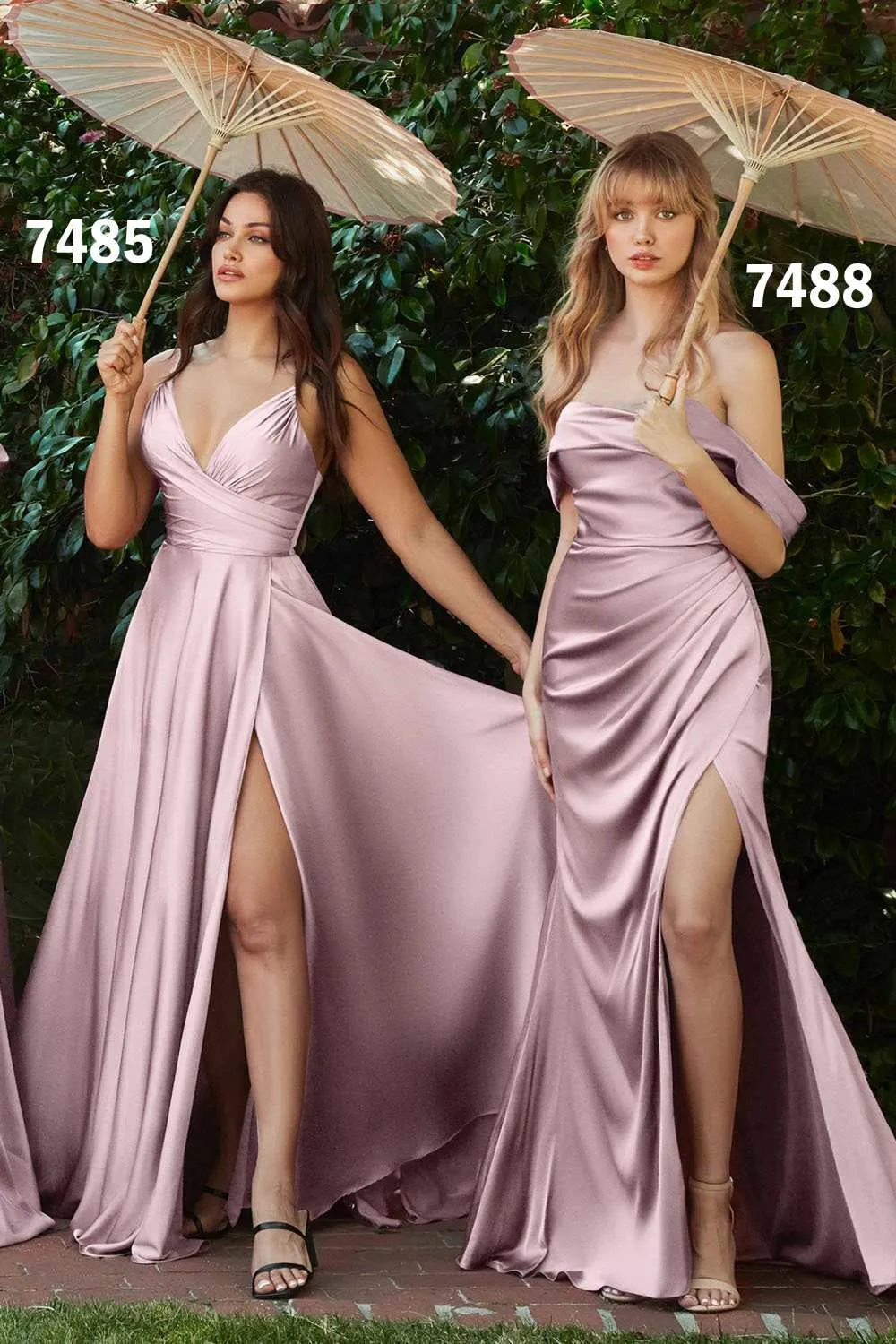 Cinderella Divine 7488C Long Column Satin Formal Dress Gathered