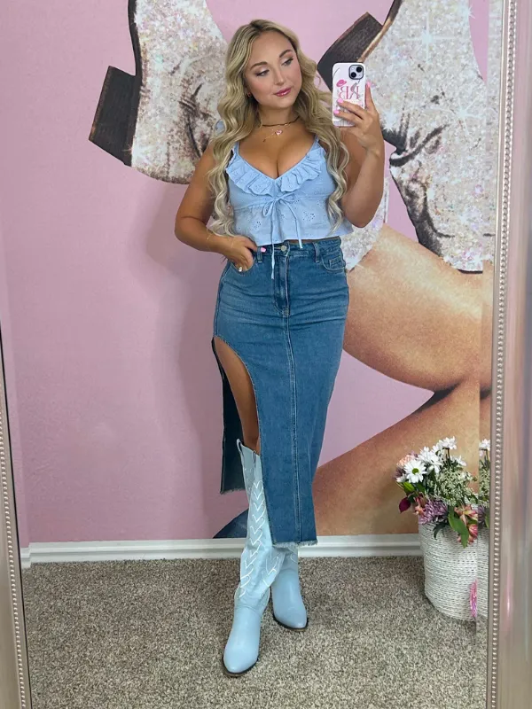 Coastal Cowgirl Lace Crop Top, Sky Blue