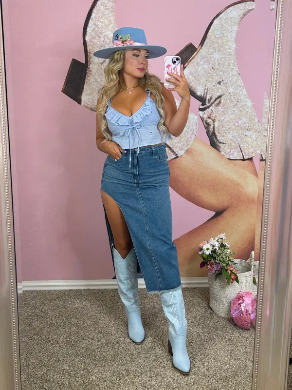 Coastal Cowgirl Lace Crop Top, Sky Blue