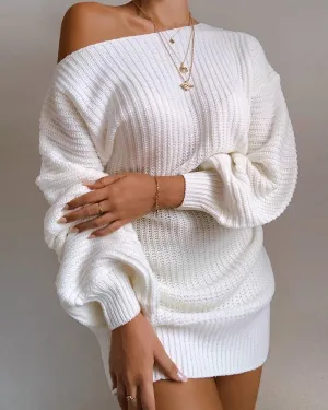 Cold Shoulder Lantern Sleeve Knit Dress - White