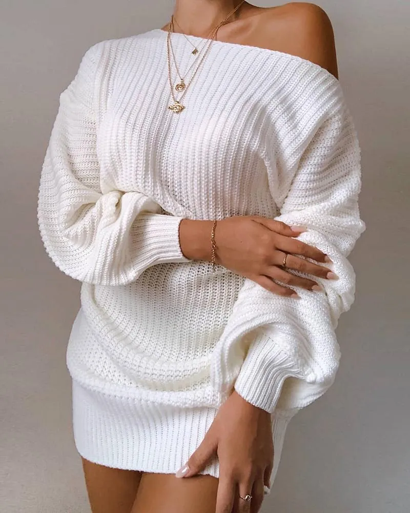 Cold Shoulder Lantern Sleeve Knit Dress - White