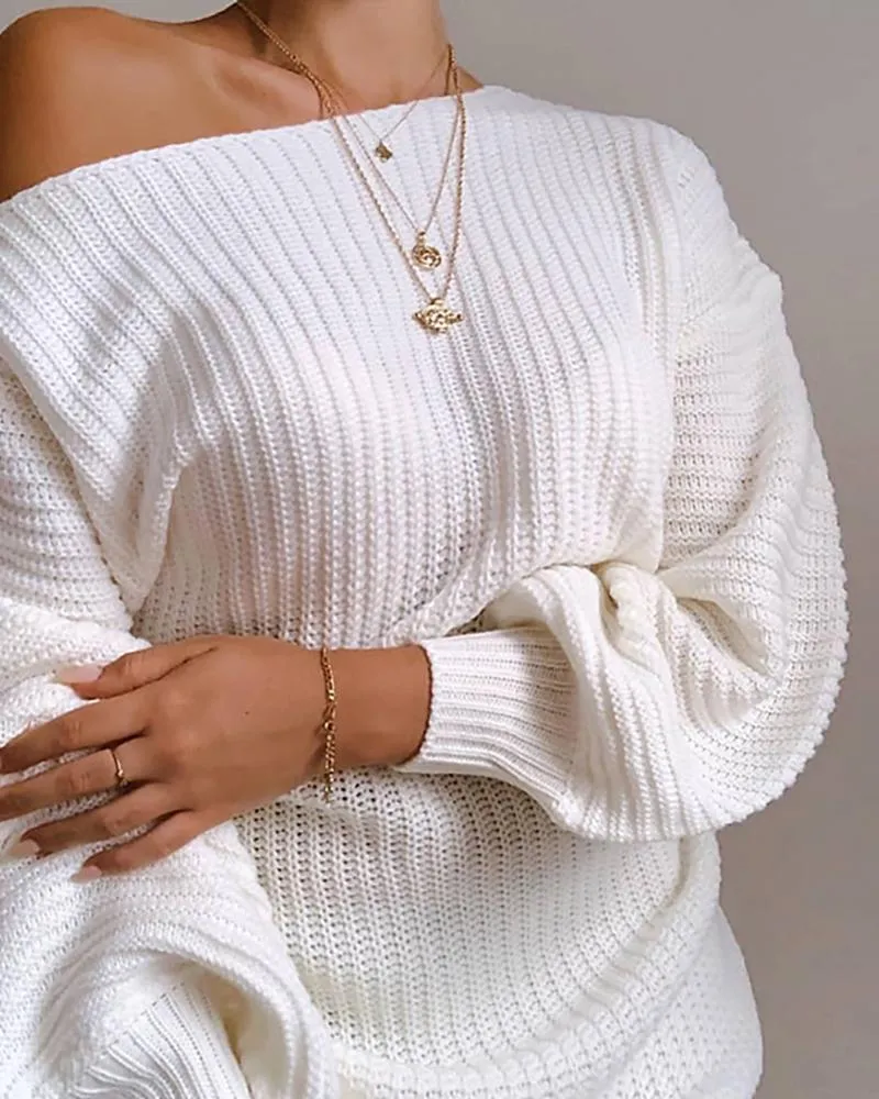 Cold Shoulder Lantern Sleeve Knit Dress - White