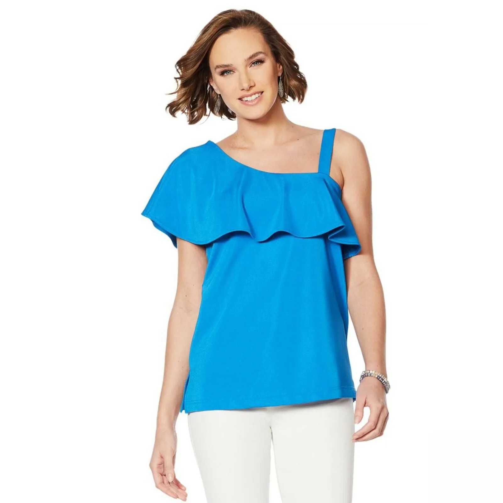 Colleen Lopez Plus Size Asymmetric Off-Shoulder Flounce Top