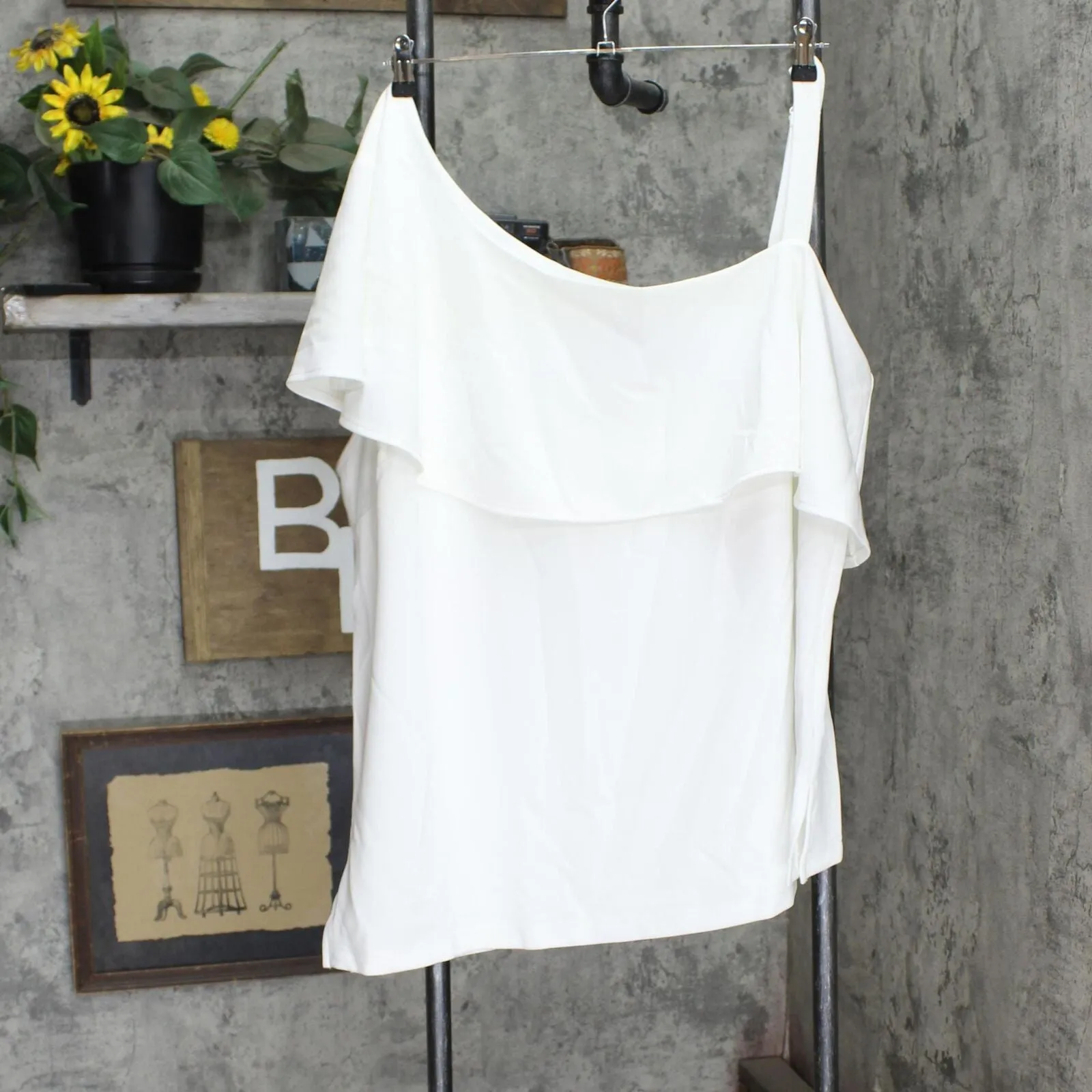 Colleen Lopez Womens Plus Size Asymmetric Off-Shoulder Flounce Top White 3X