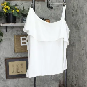 Colleen Lopez Womens Plus Size Asymmetric Off-Shoulder Flounce Top White 3X
