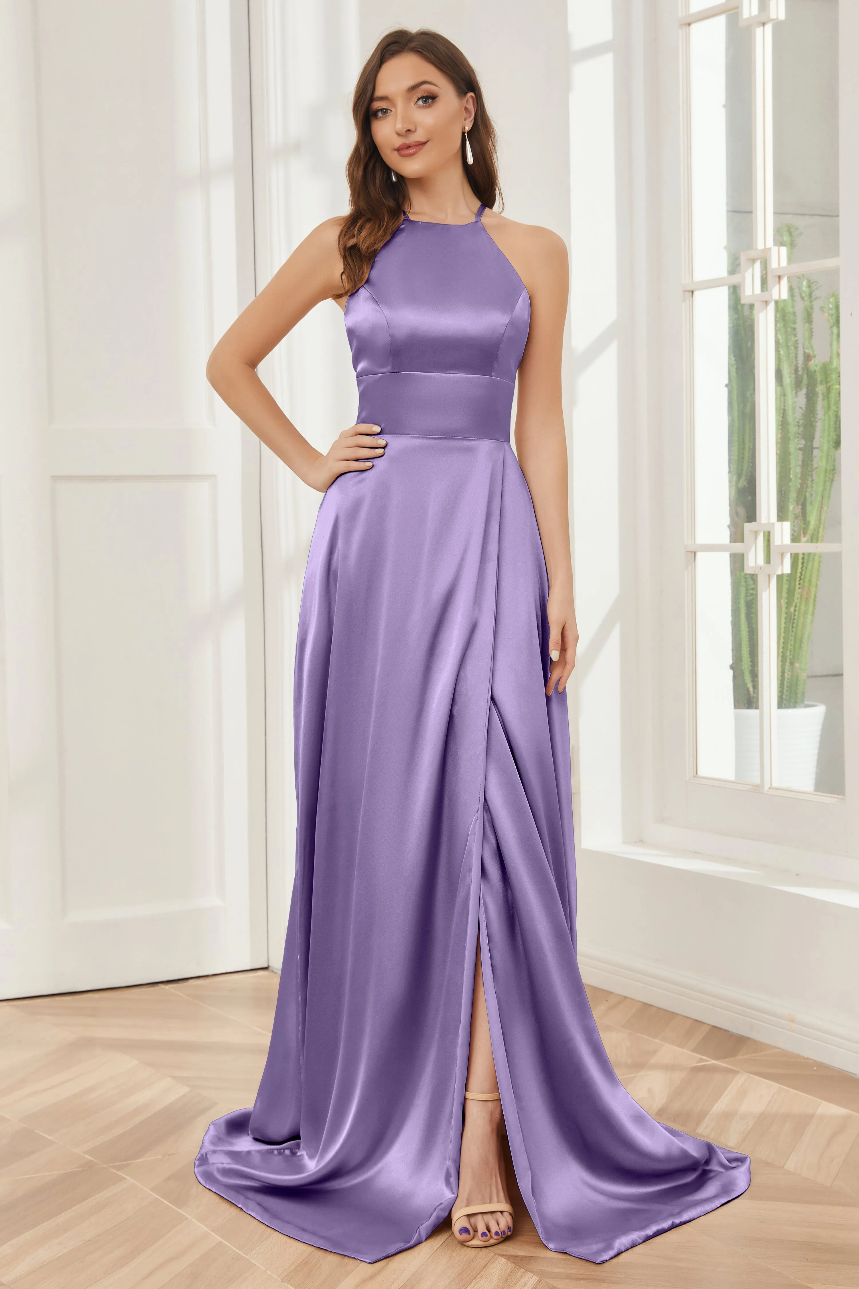 Column Halter Soft Satin Bridesmaid Dress with Pockets