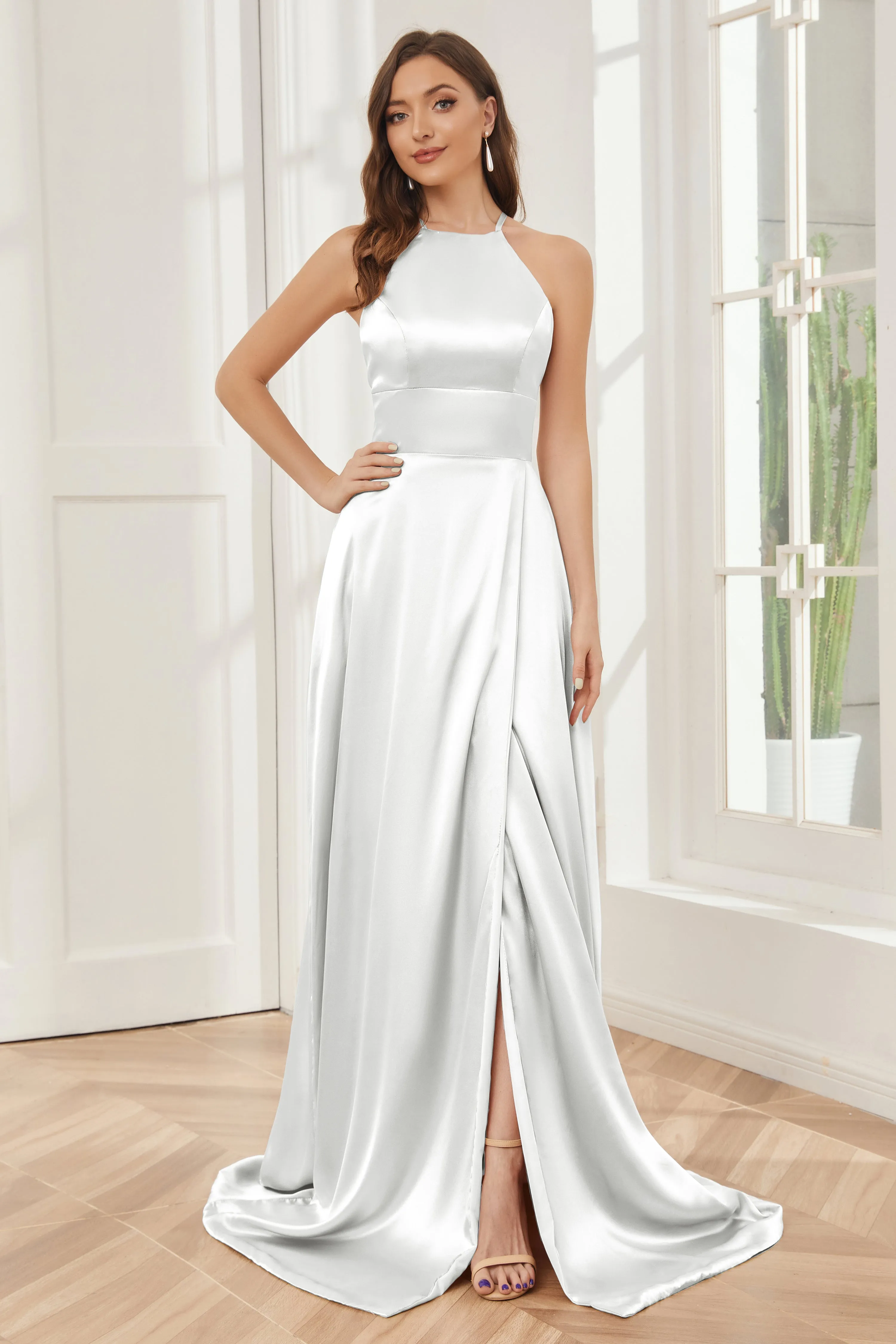 Column Halter Soft Satin Bridesmaid Dress with Pockets