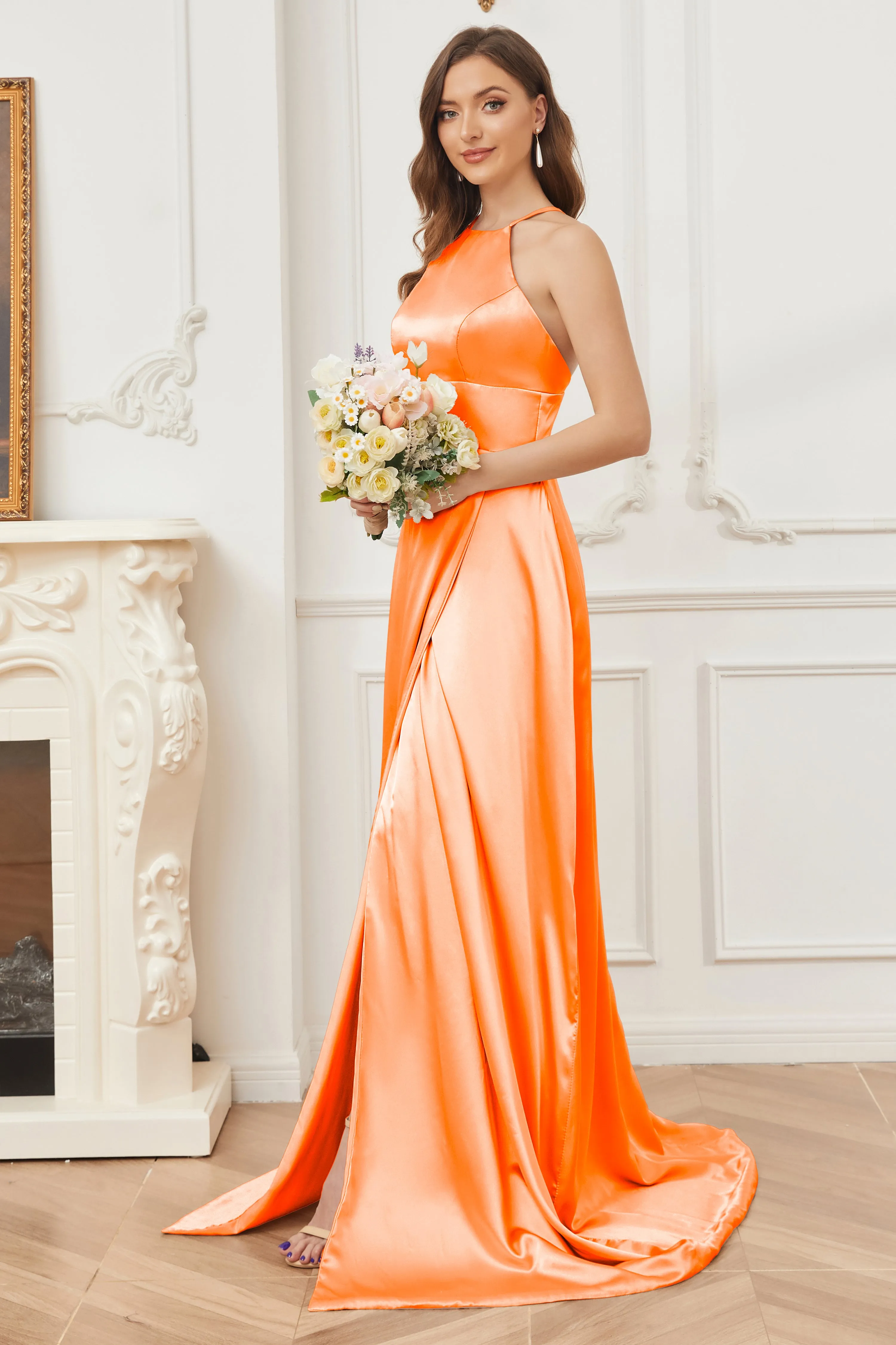 Column Halter Soft Satin Bridesmaid Dress with Pockets