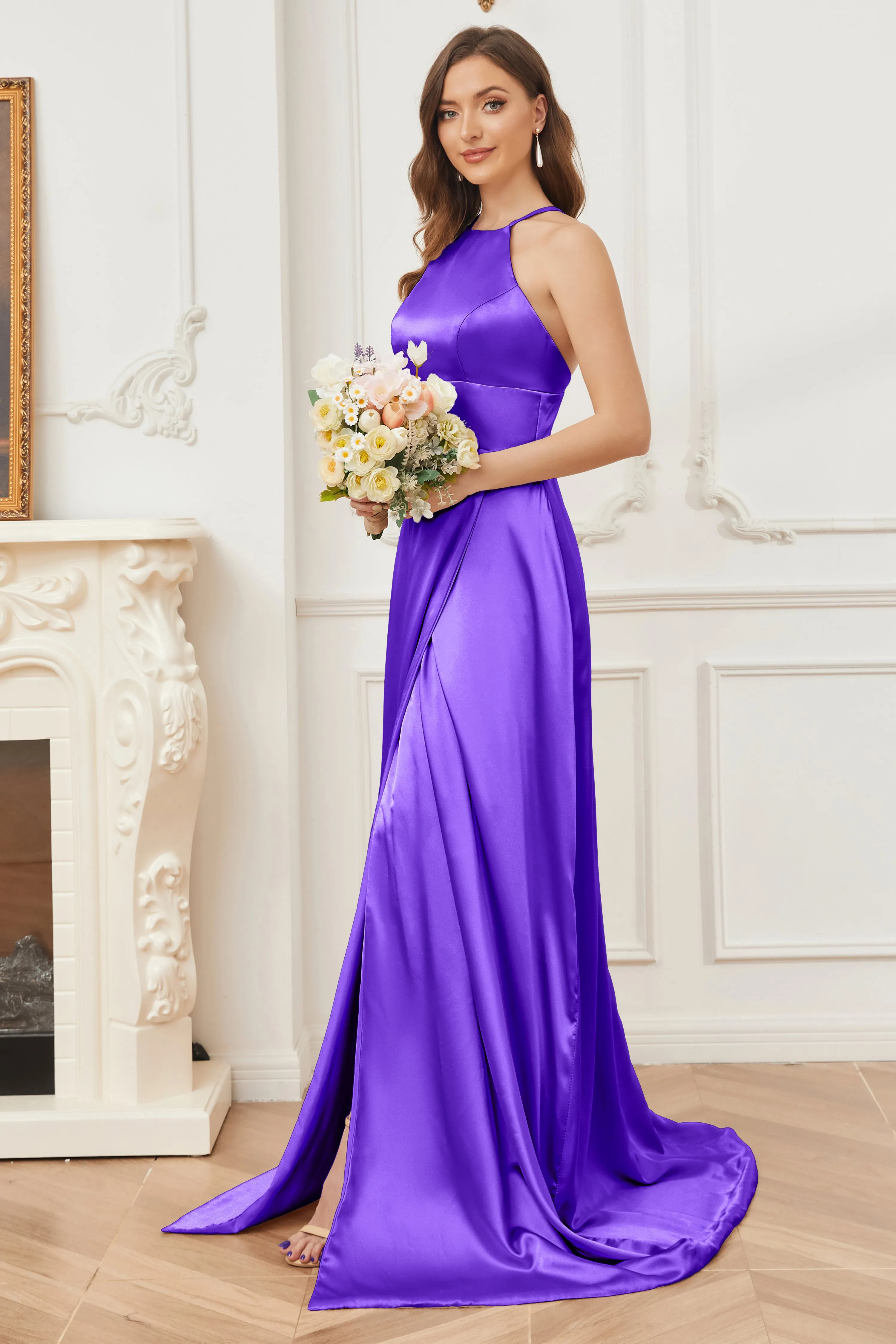 Column Halter Soft Satin Bridesmaid Dress with Pockets