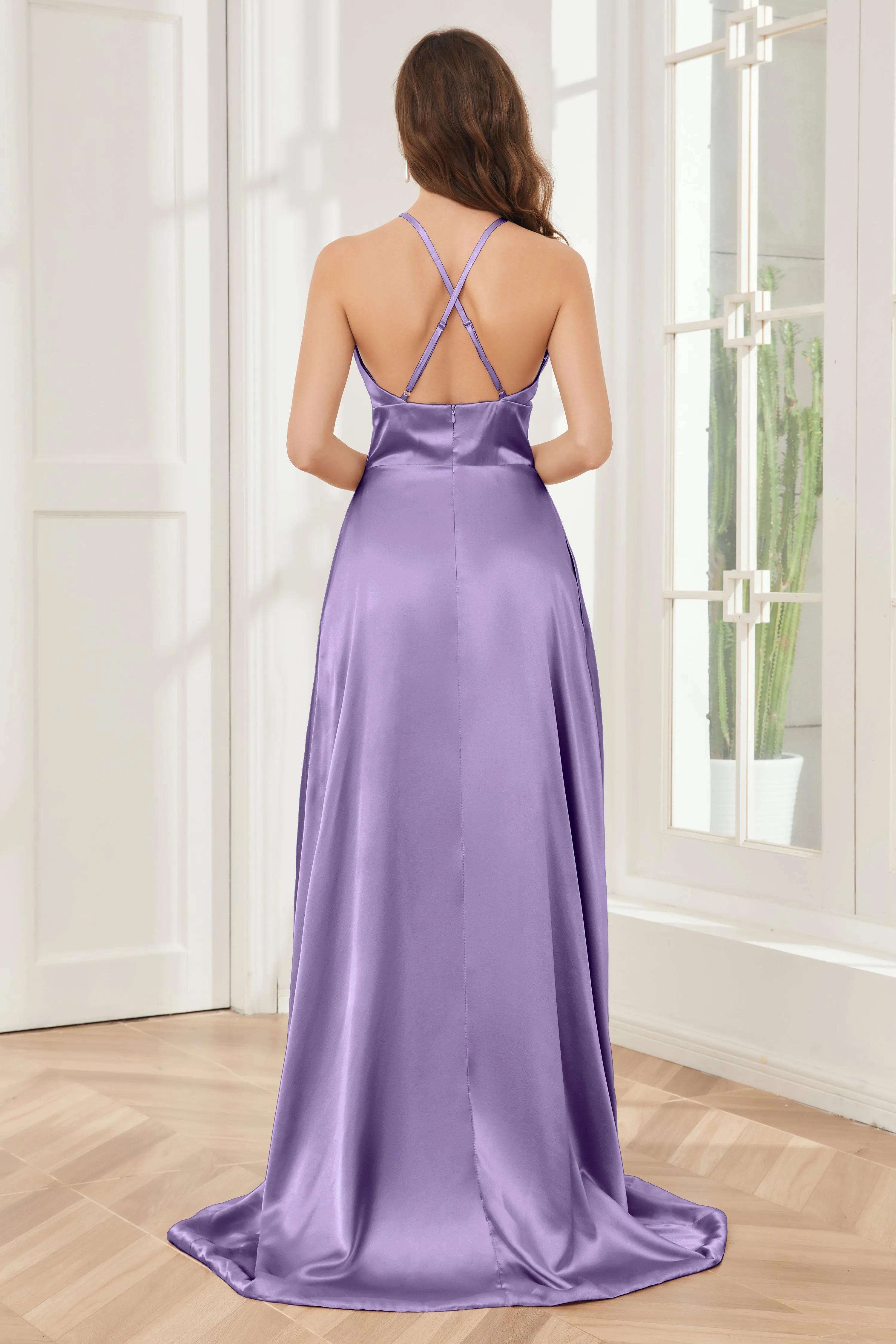Column Halter Soft Satin Bridesmaid Dress with Pockets