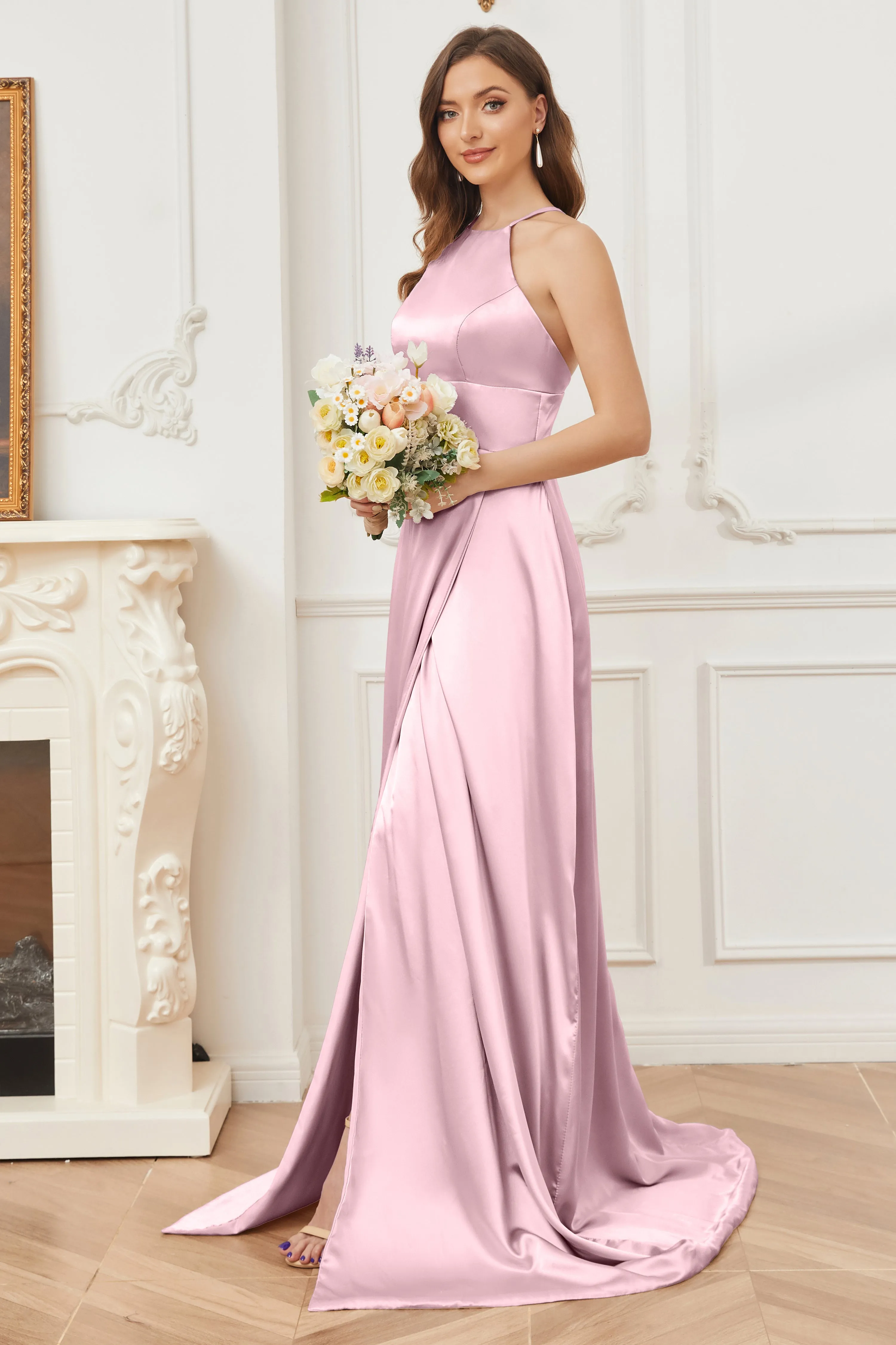 Column Halter Soft Satin Bridesmaid Dress with Pockets