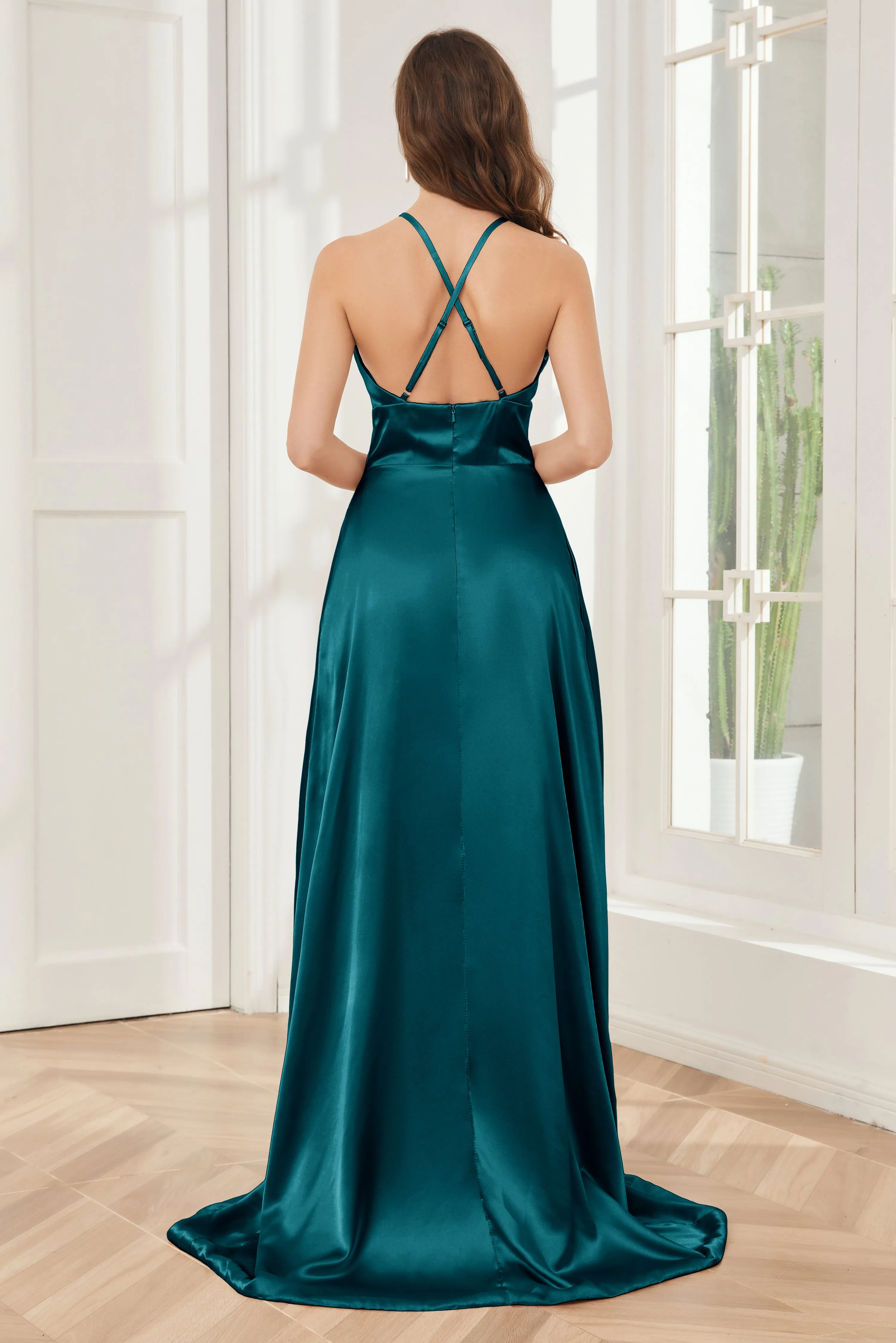 Column Halter Soft Satin Bridesmaid Dress with Pockets