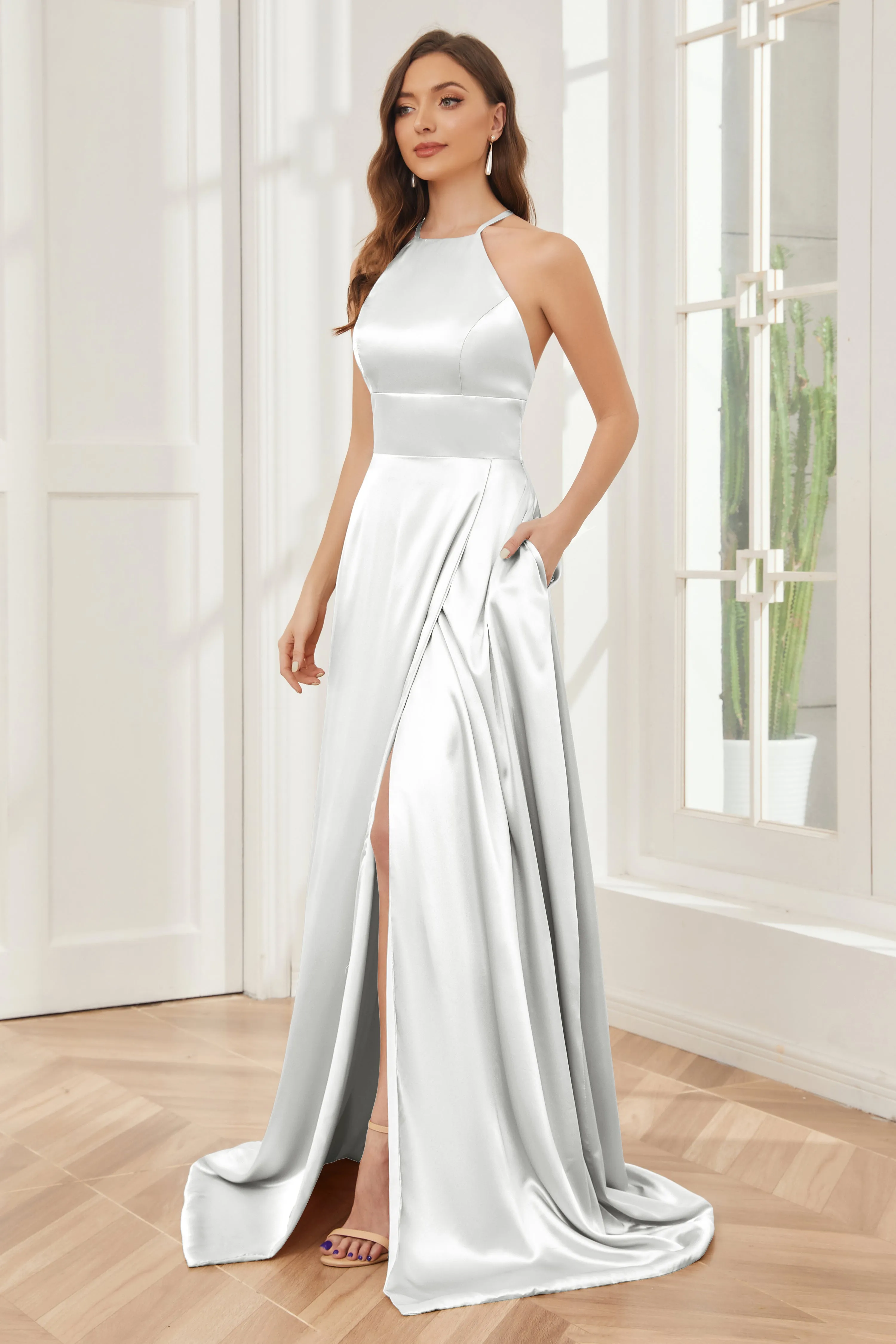 Column Halter Soft Satin Bridesmaid Dress with Pockets