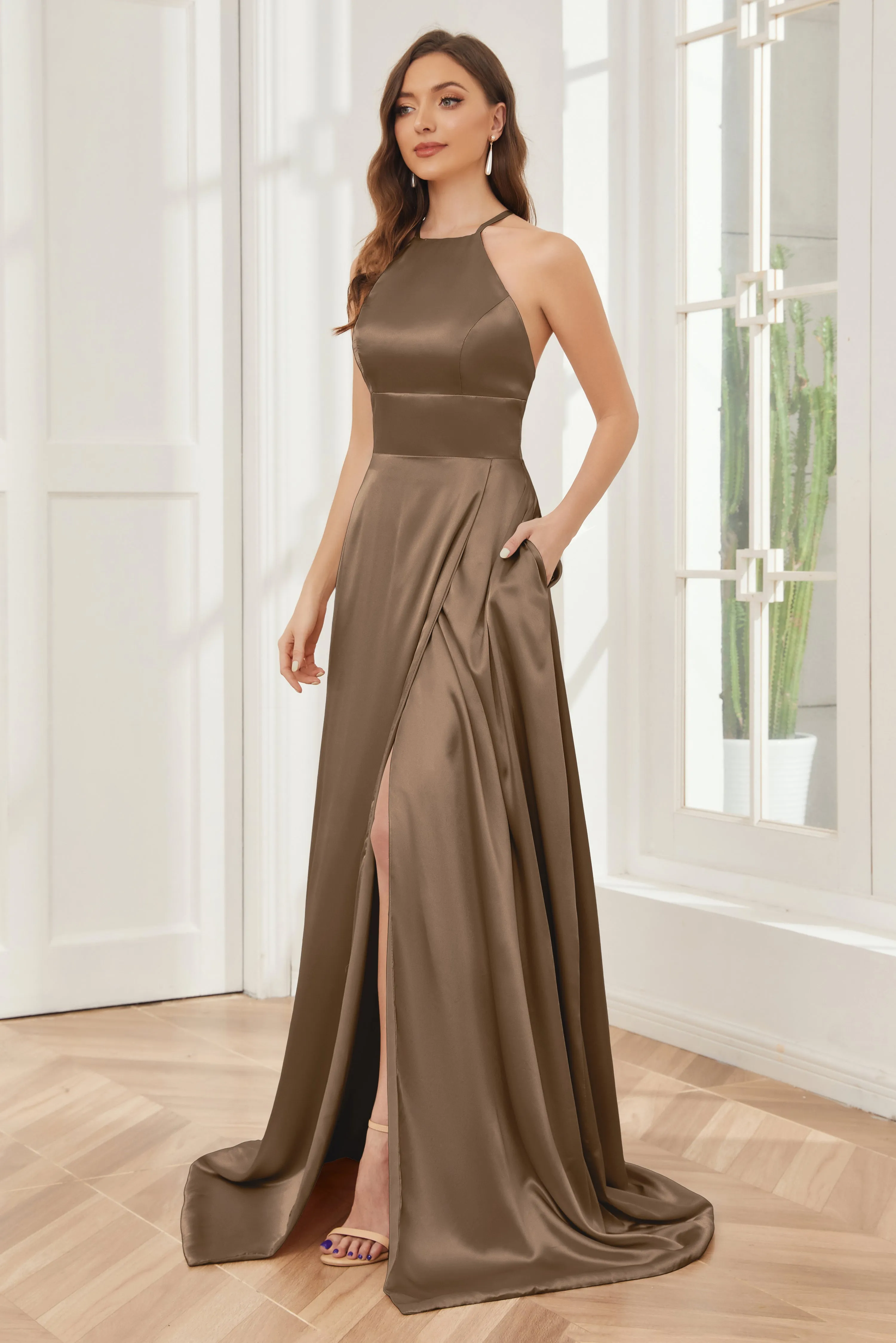 Column Halter Soft Satin Bridesmaid Dress with Pockets