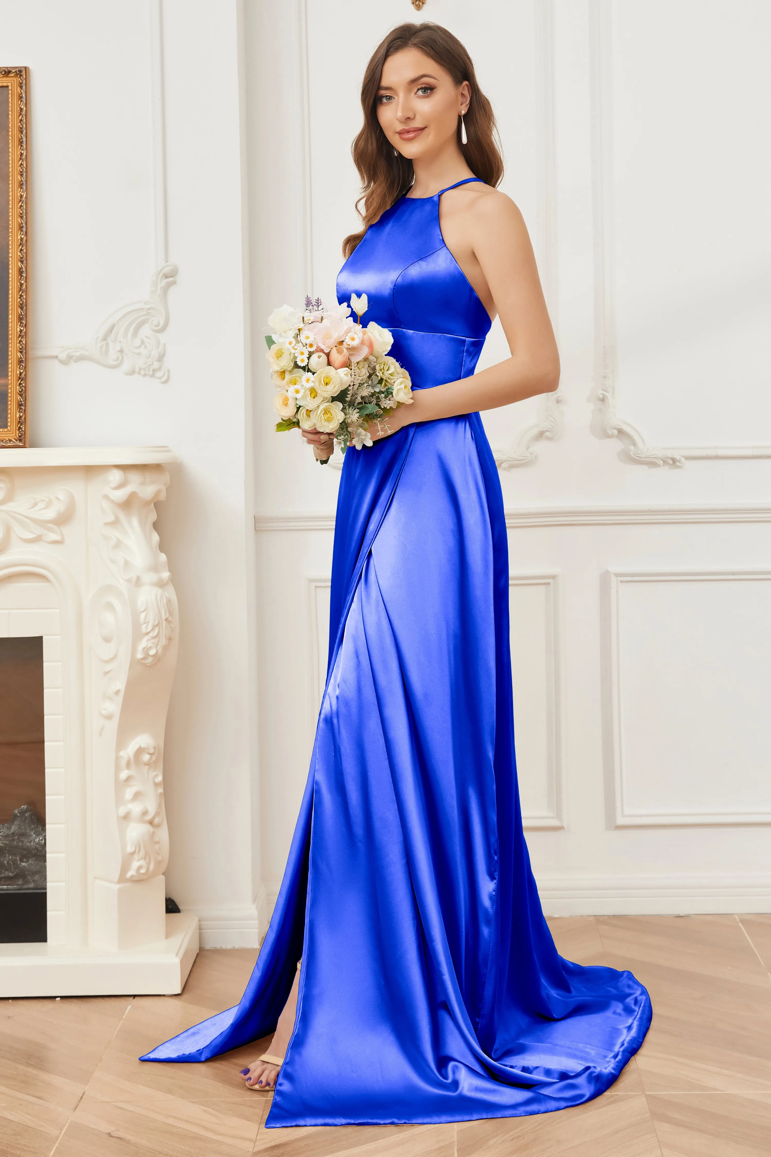 Column Halter Soft Satin Bridesmaid Dress with Pockets