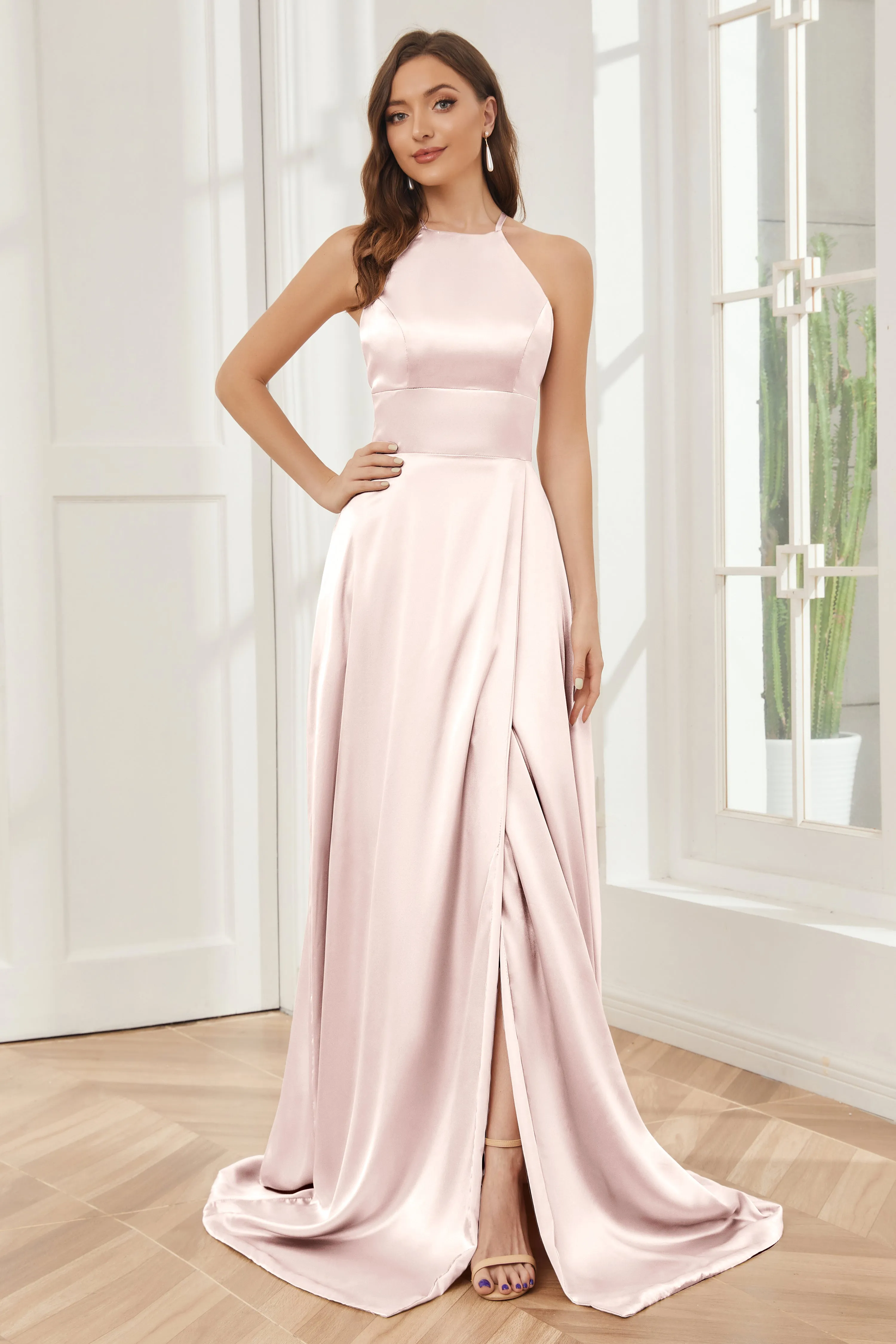Column Halter Soft Satin Bridesmaid Dress with Pockets