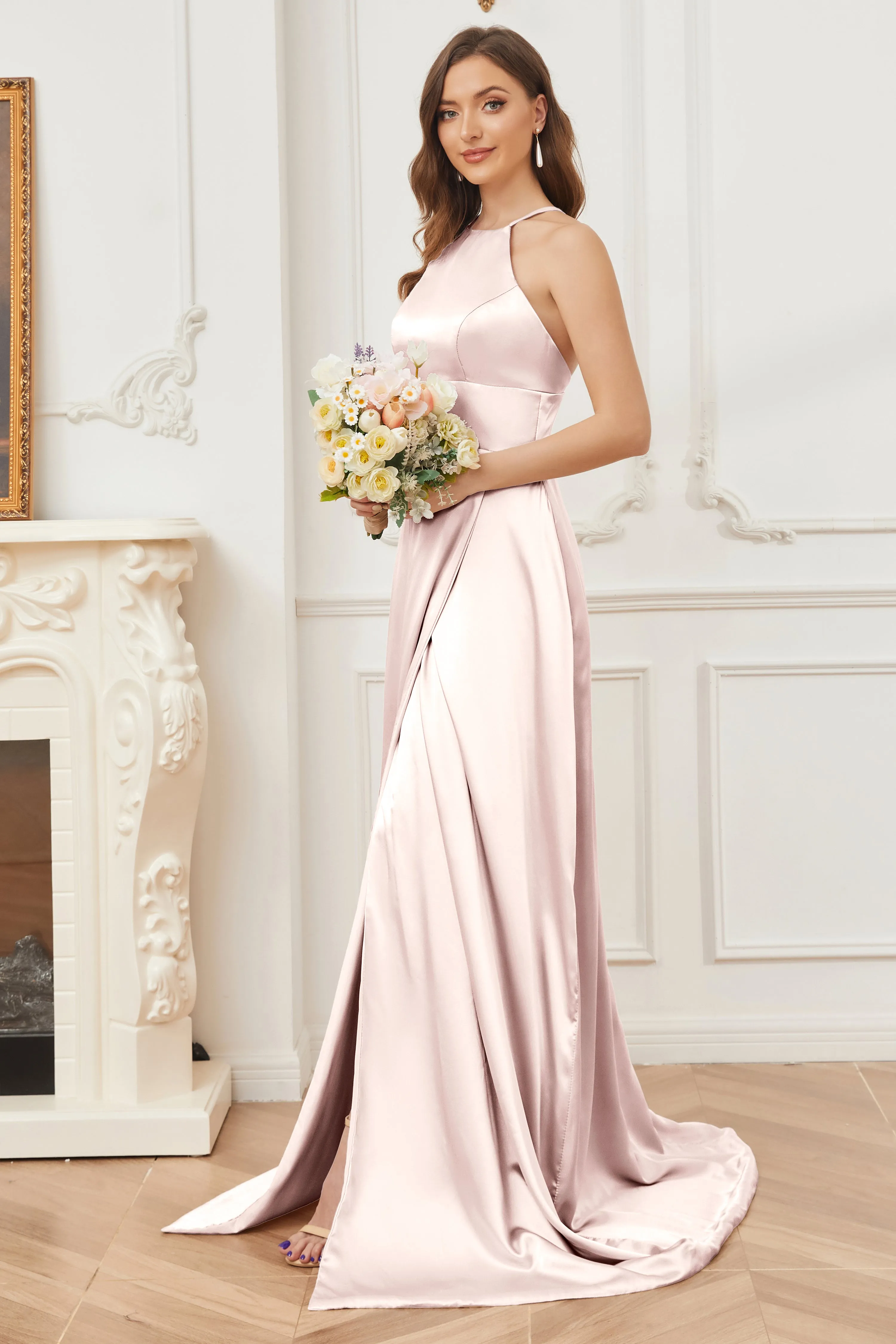 Column Halter Soft Satin Bridesmaid Dress with Pockets
