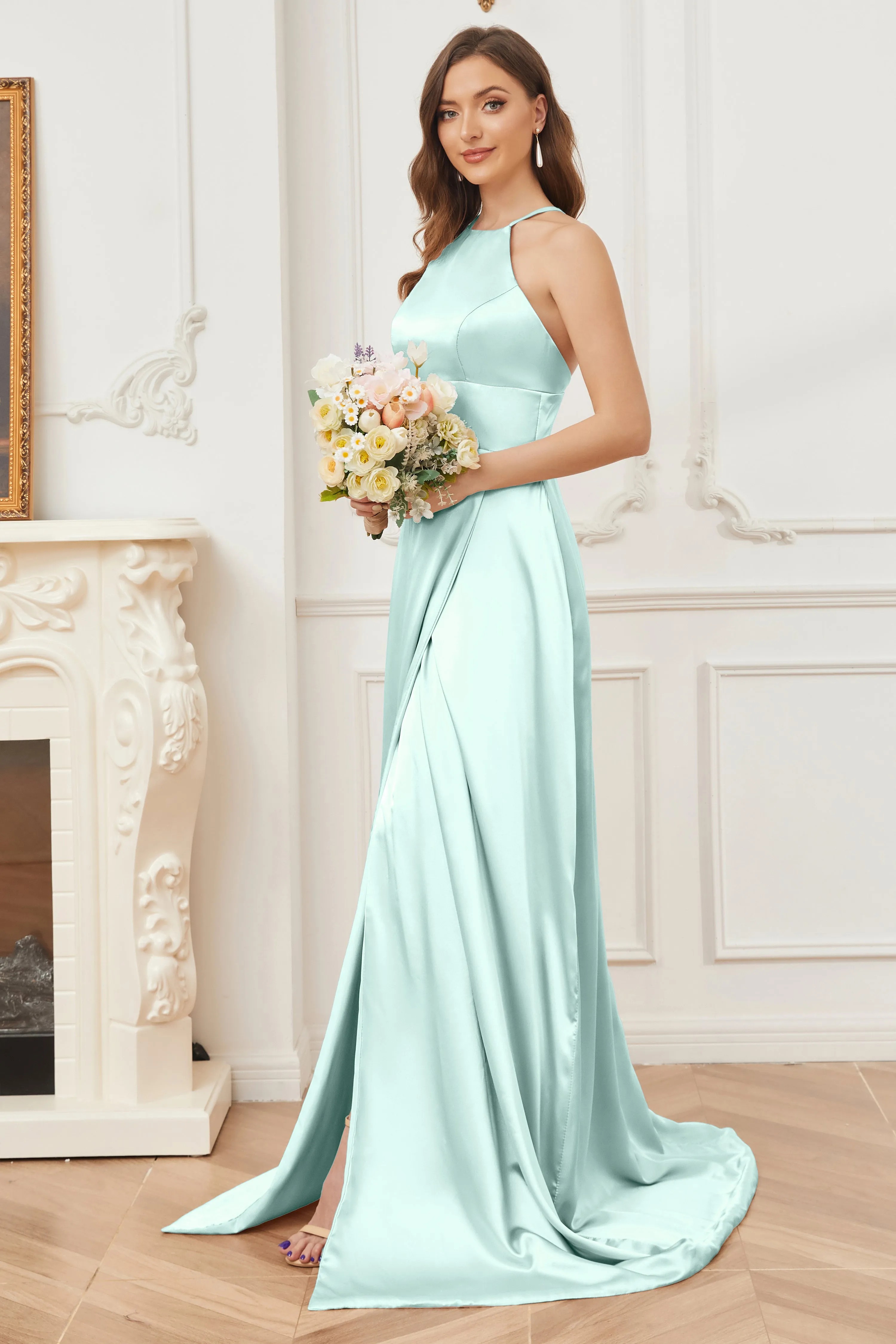 Column Halter Soft Satin Bridesmaid Dress with Pockets