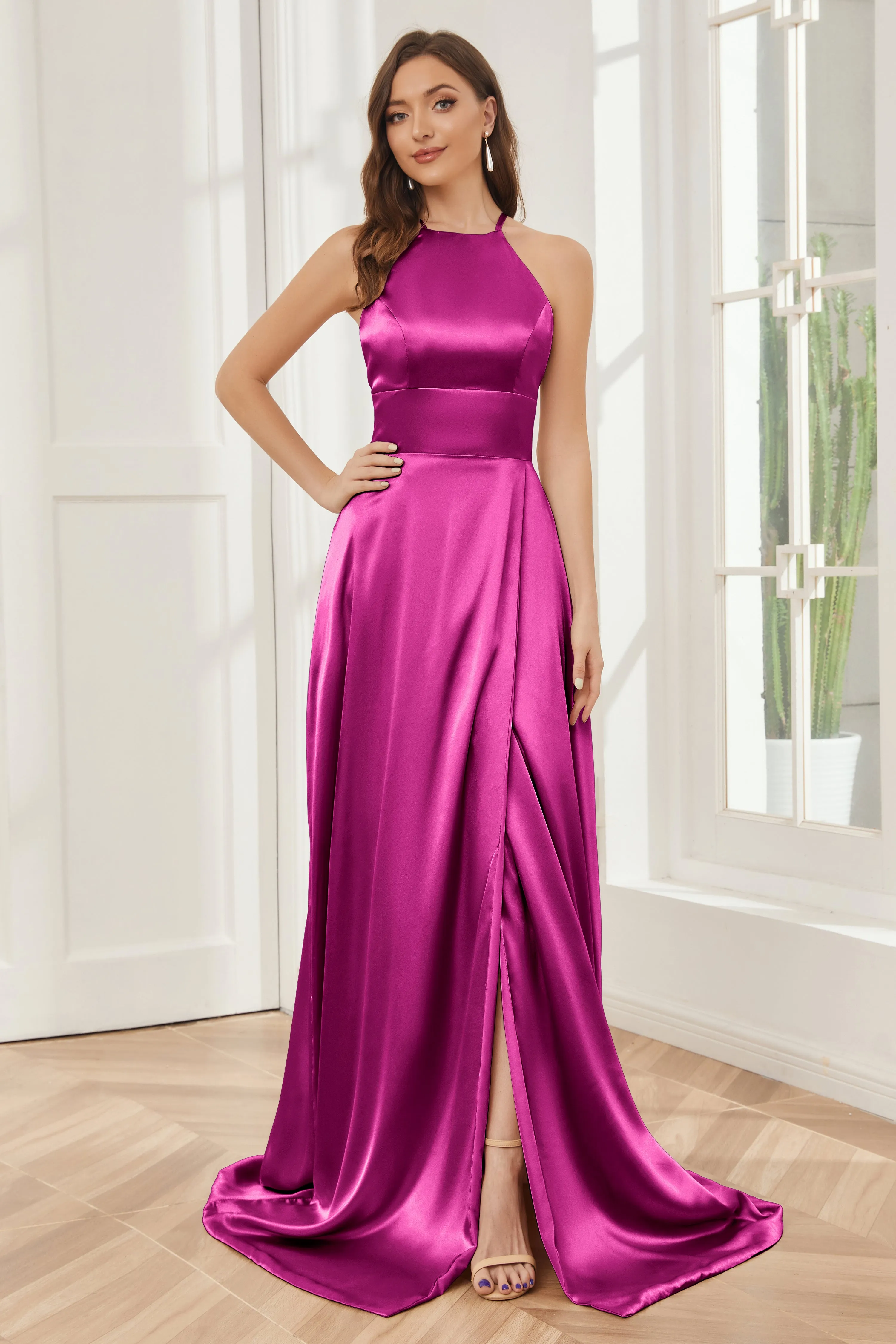 Column Halter Soft Satin Bridesmaid Dress with Pockets