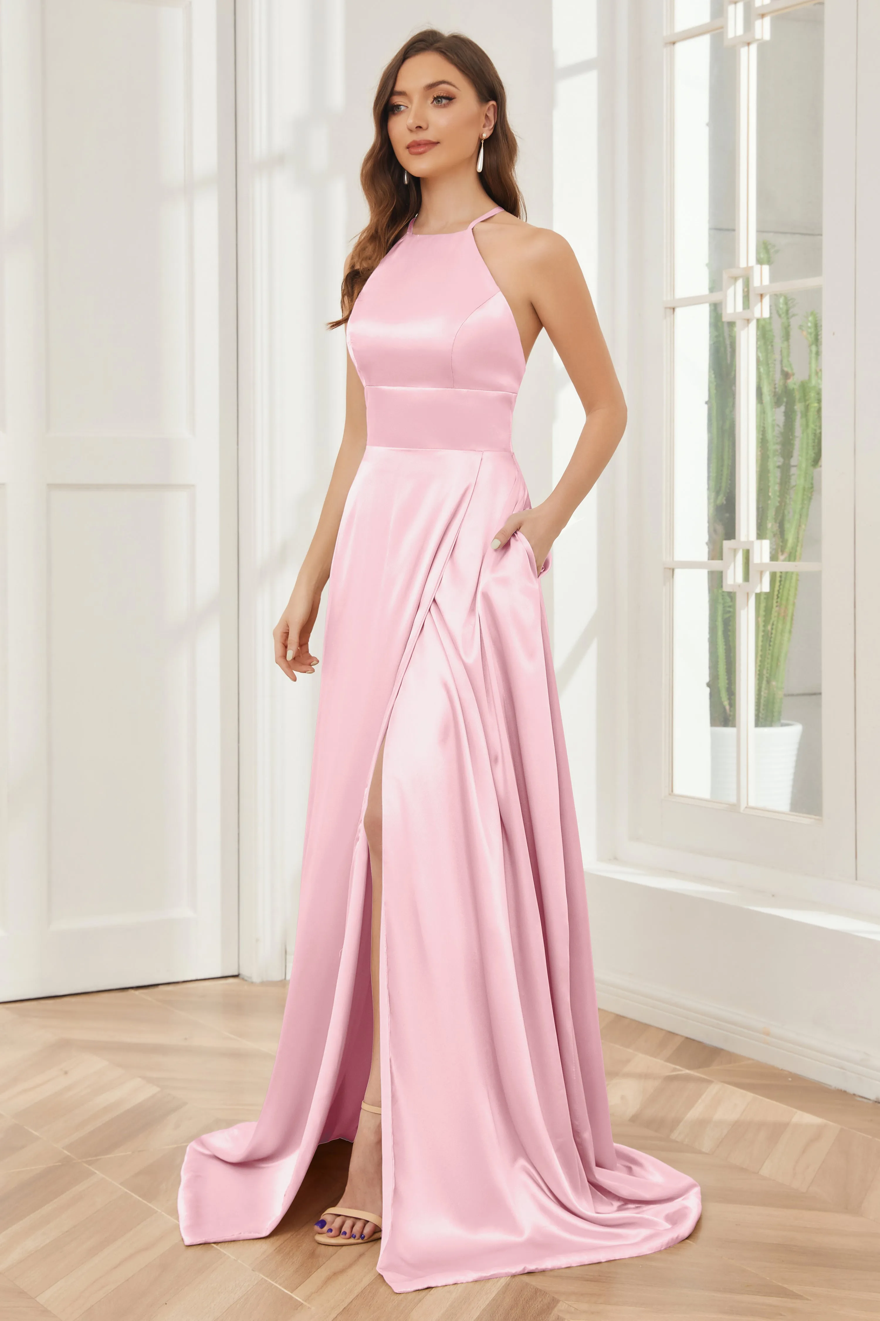 Column Halter Soft Satin Bridesmaid Dress with Pockets