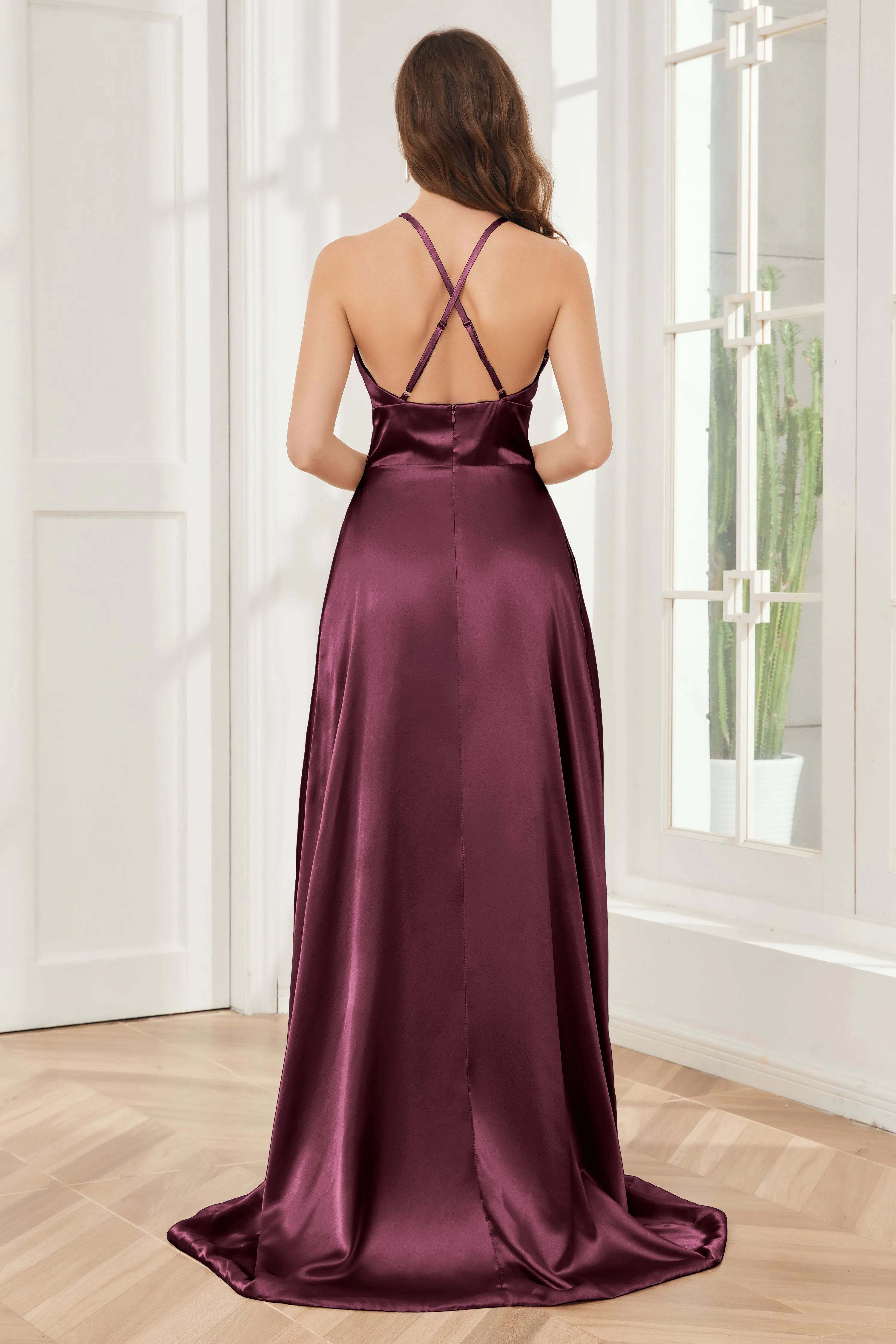 Column Halter Soft Satin Bridesmaid Dress with Pockets