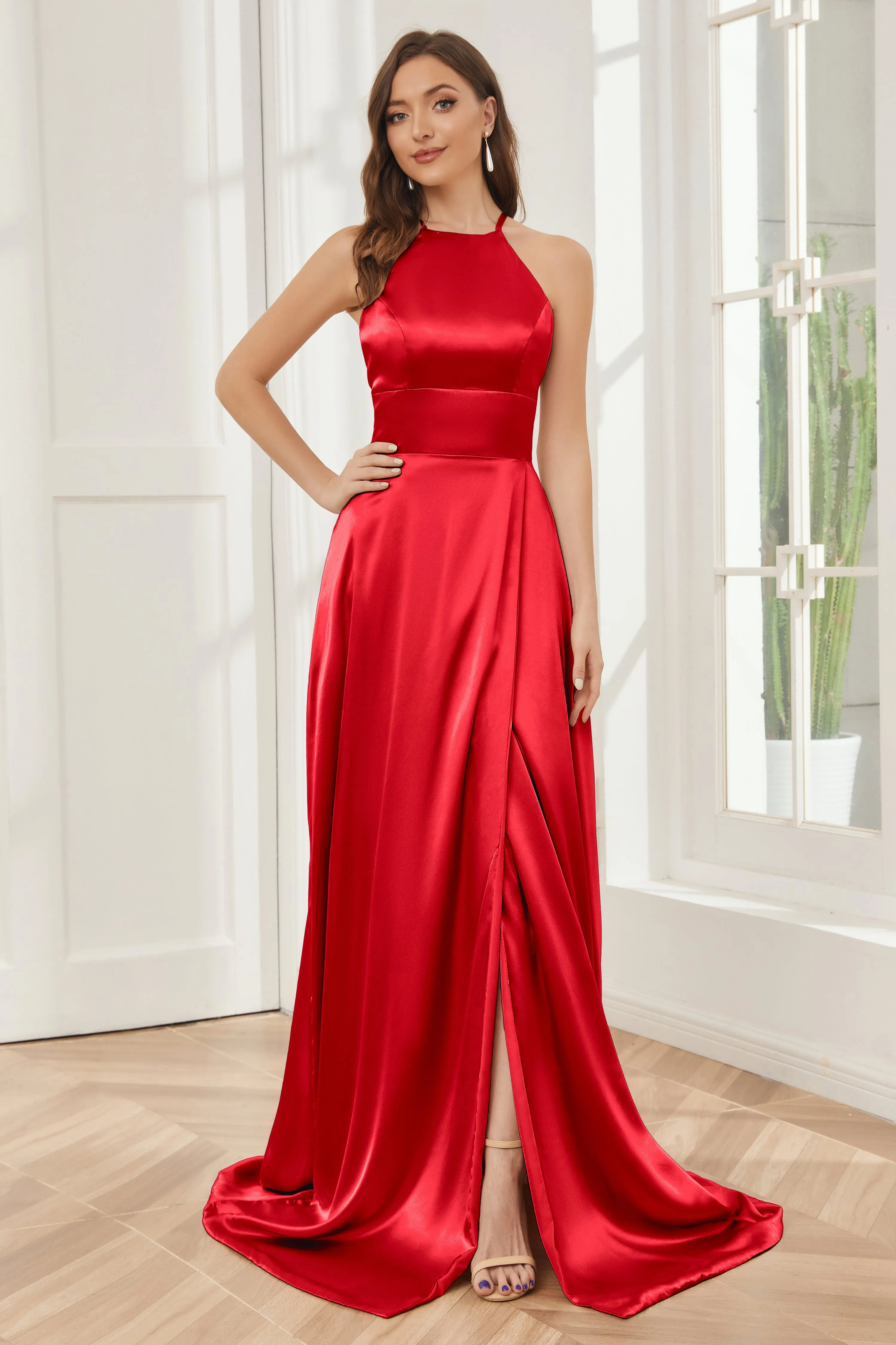 Column Halter Soft Satin Bridesmaid Dress with Pockets
