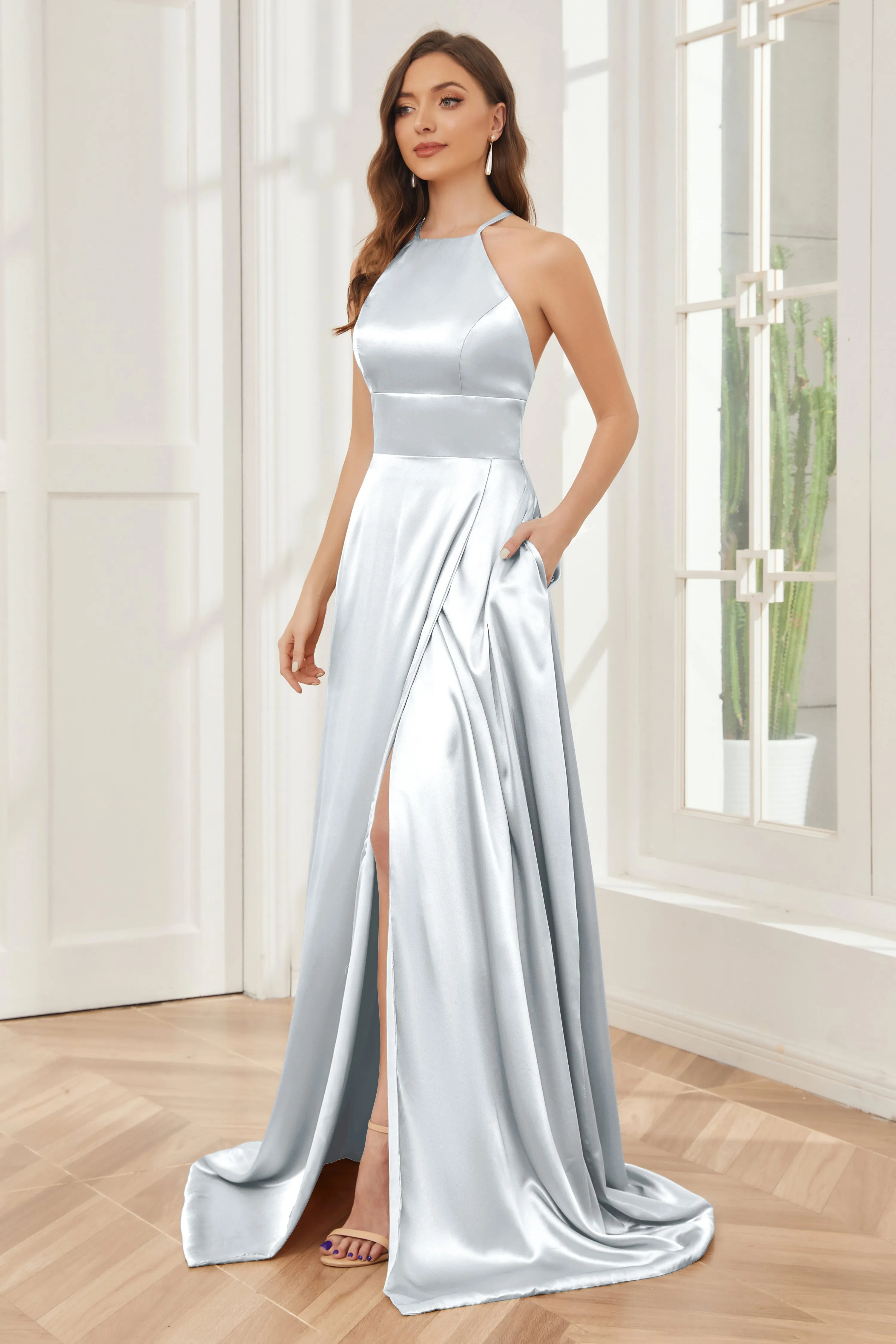 Column Halter Soft Satin Bridesmaid Dress with Pockets