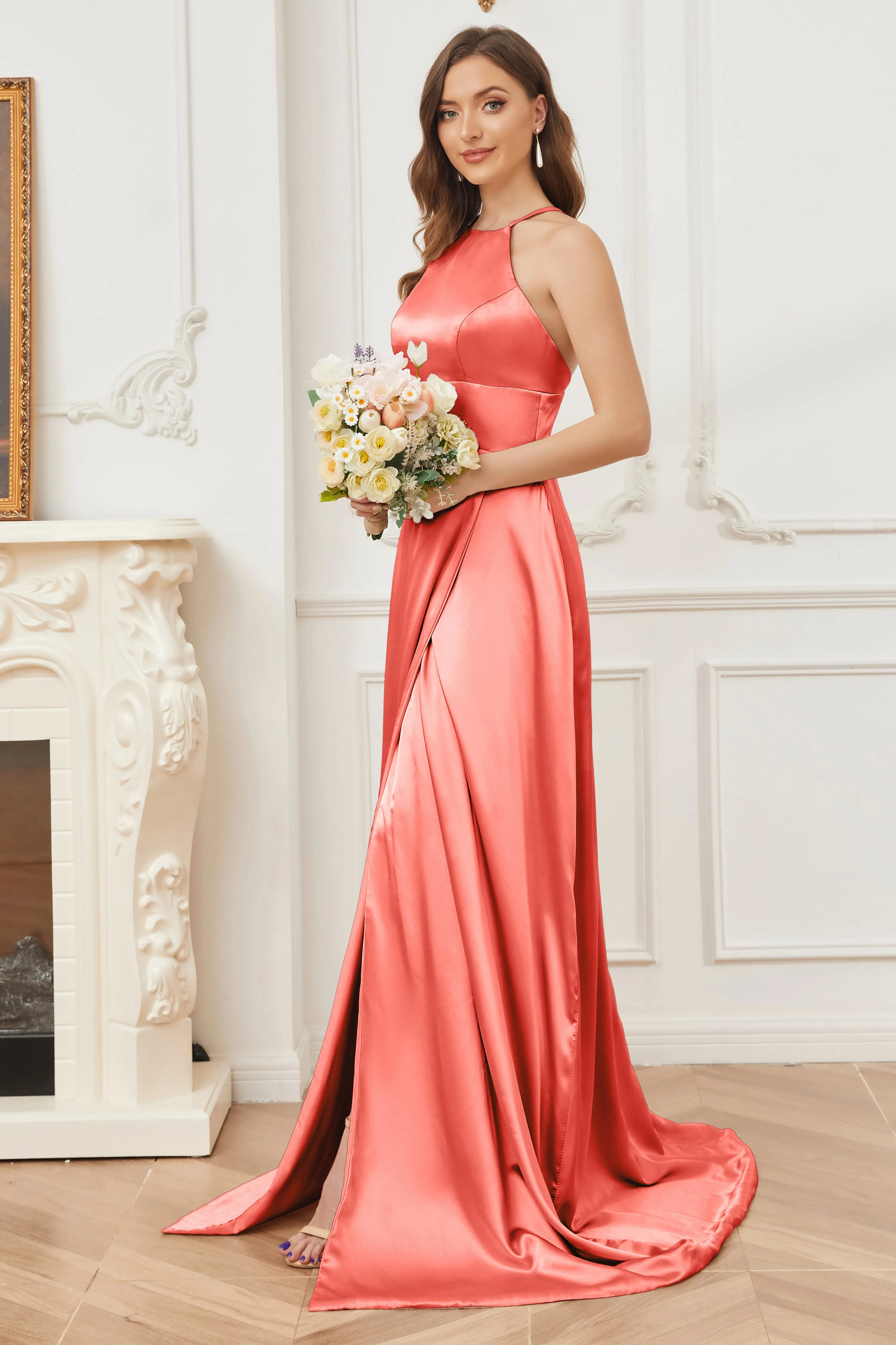 Column Halter Soft Satin Bridesmaid Dress with Pockets