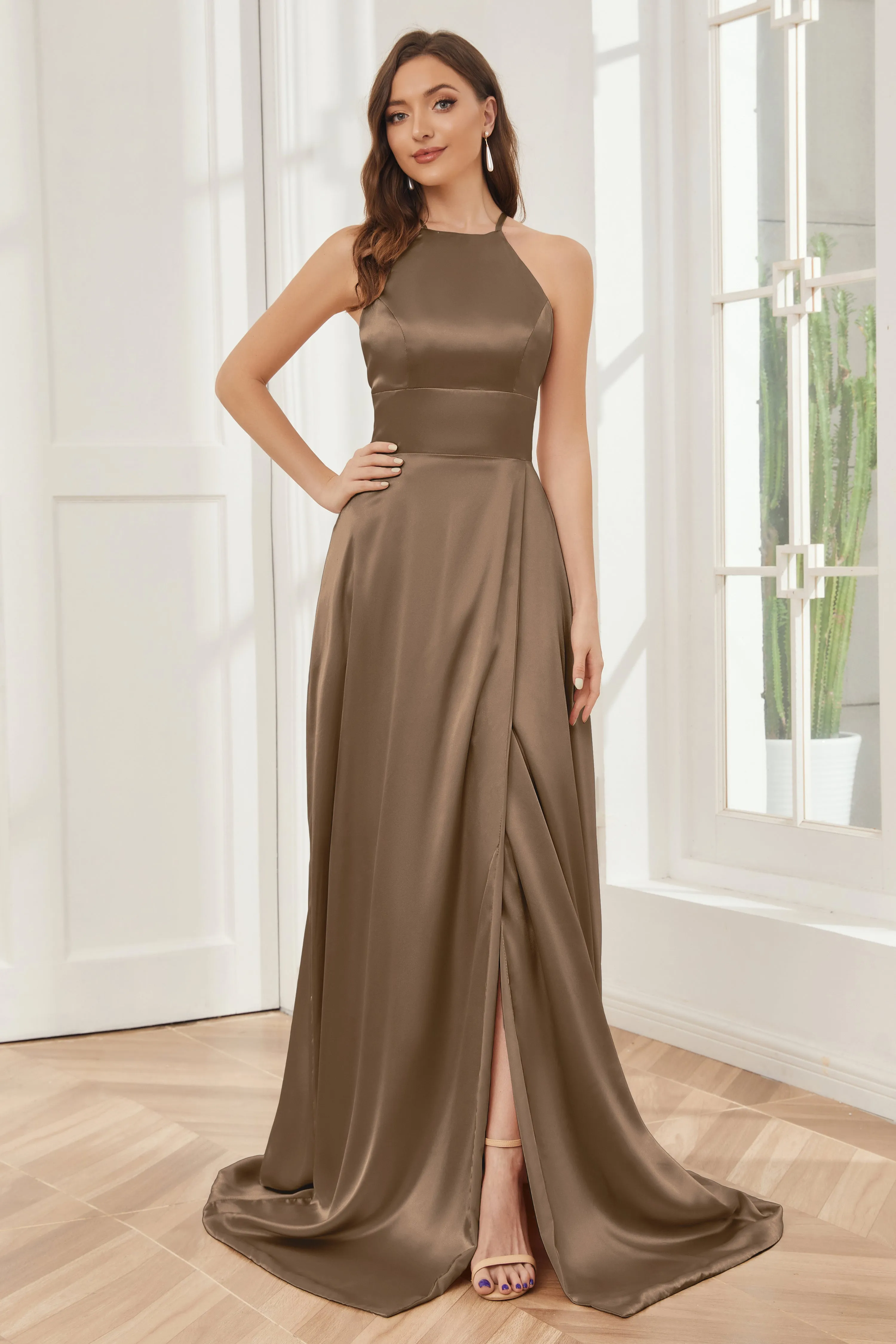 Column Halter Soft Satin Bridesmaid Dress with Pockets