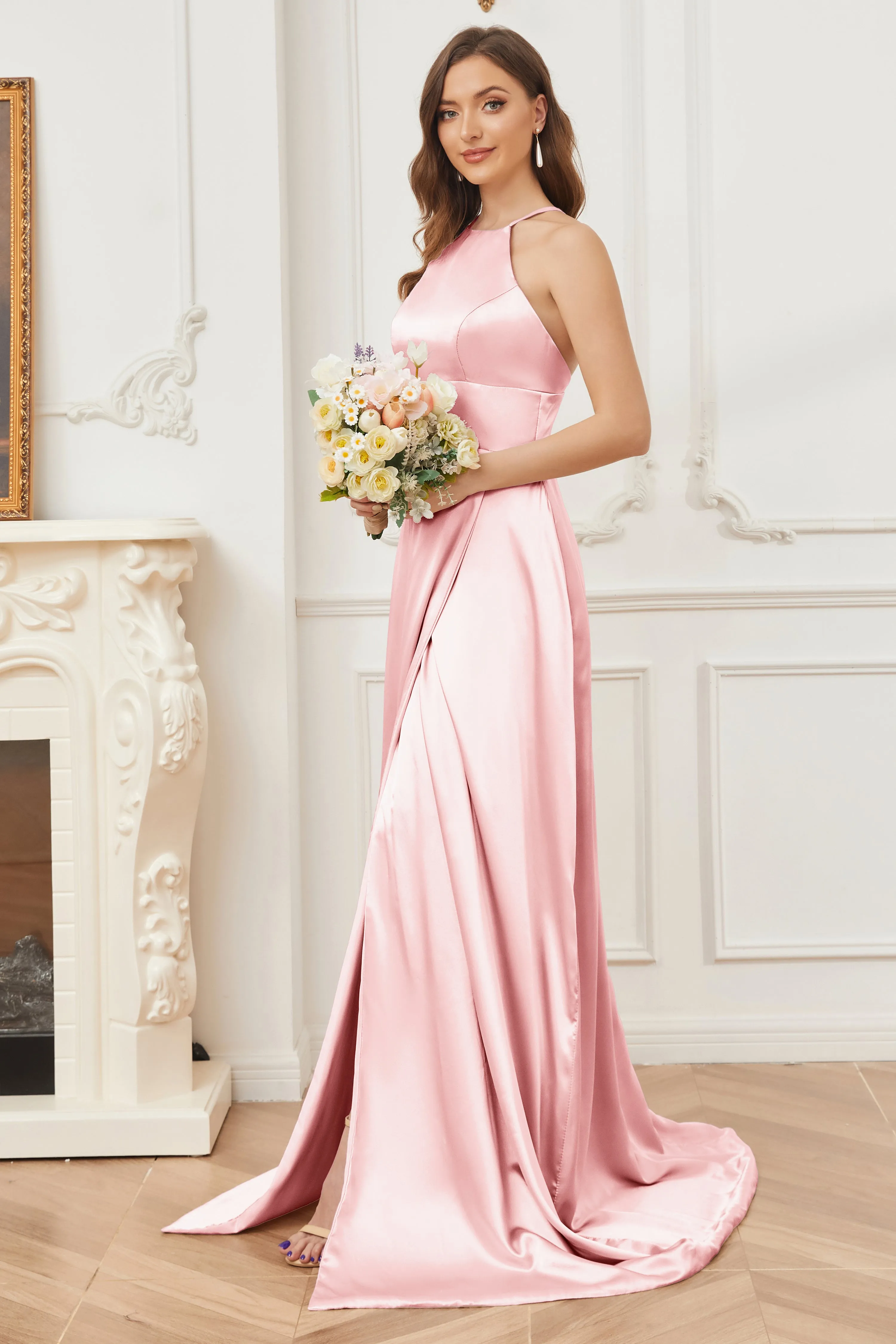 Column Halter Soft Satin Bridesmaid Dress with Pockets
