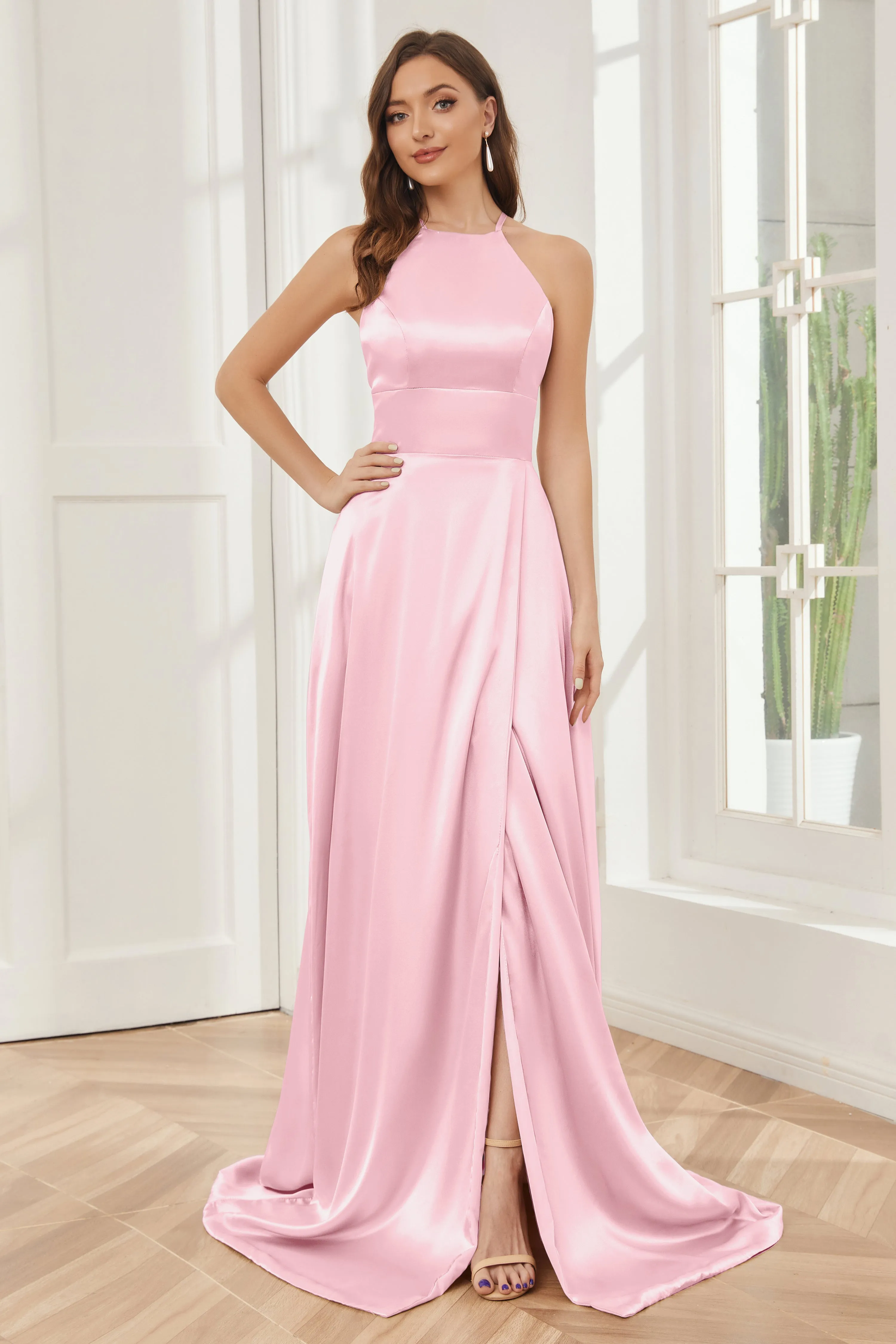 Column Halter Soft Satin Bridesmaid Dress with Pockets
