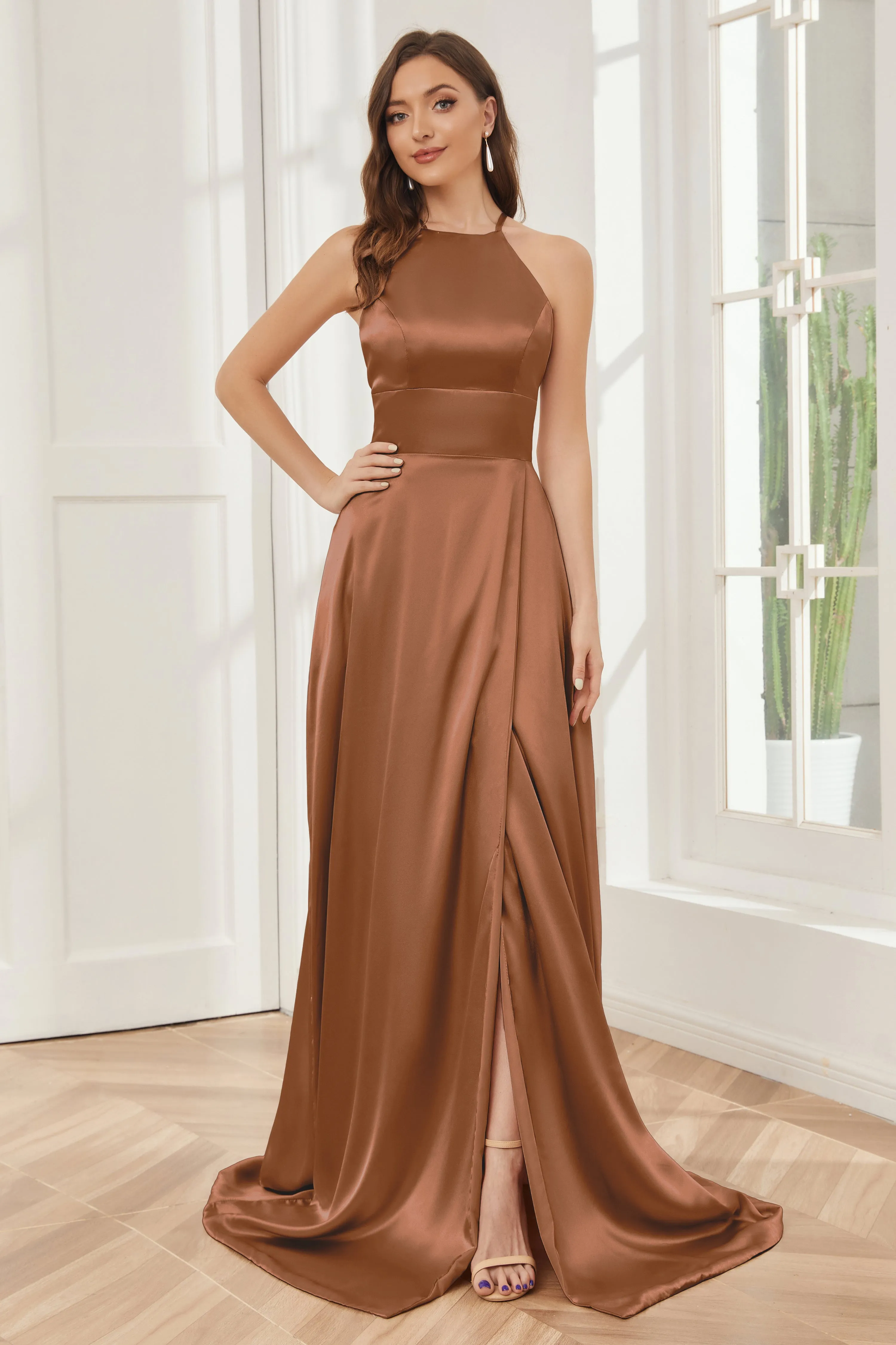 Column Halter Soft Satin Bridesmaid Dress with Pockets