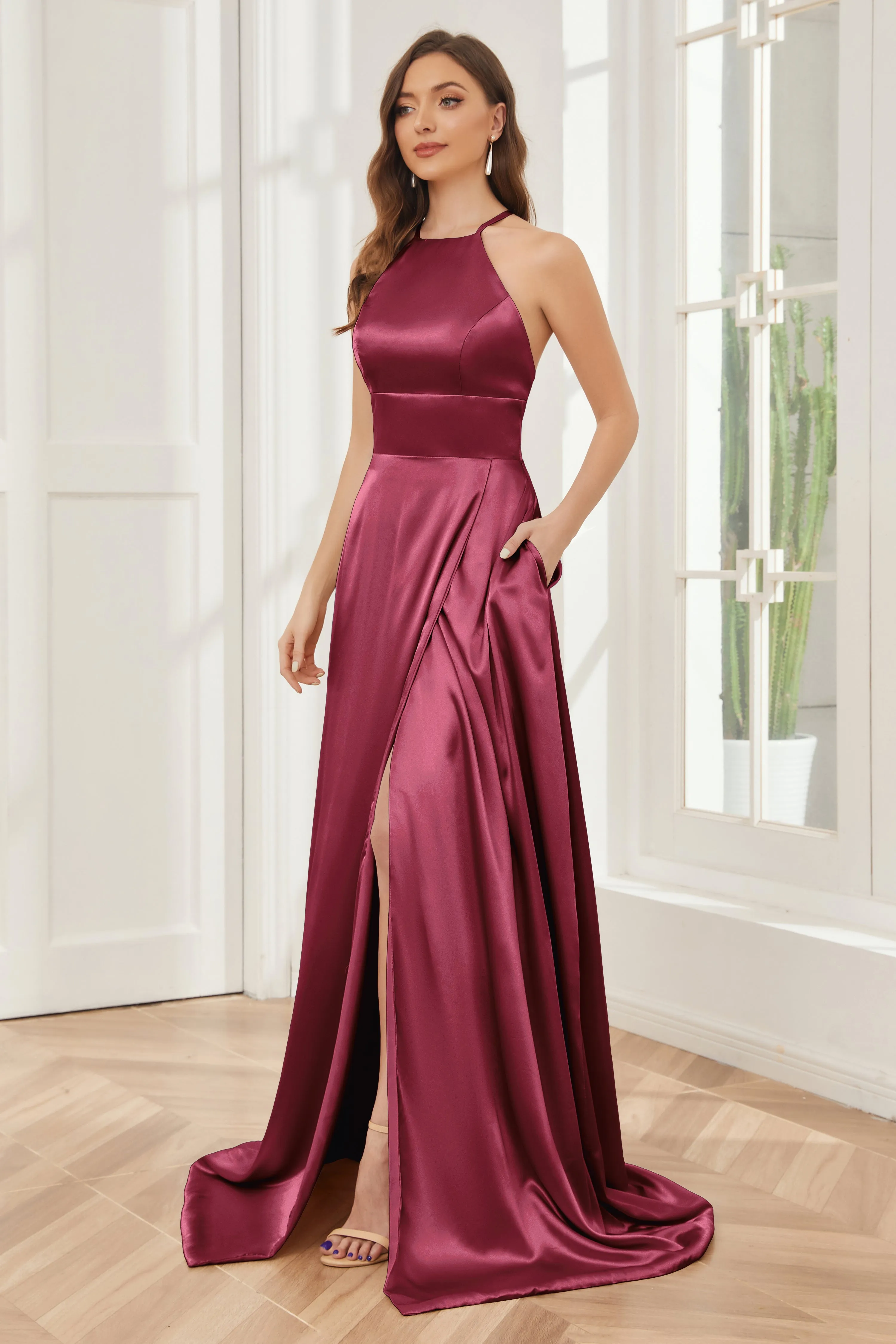 Column Halter Soft Satin Bridesmaid Dress with Pockets