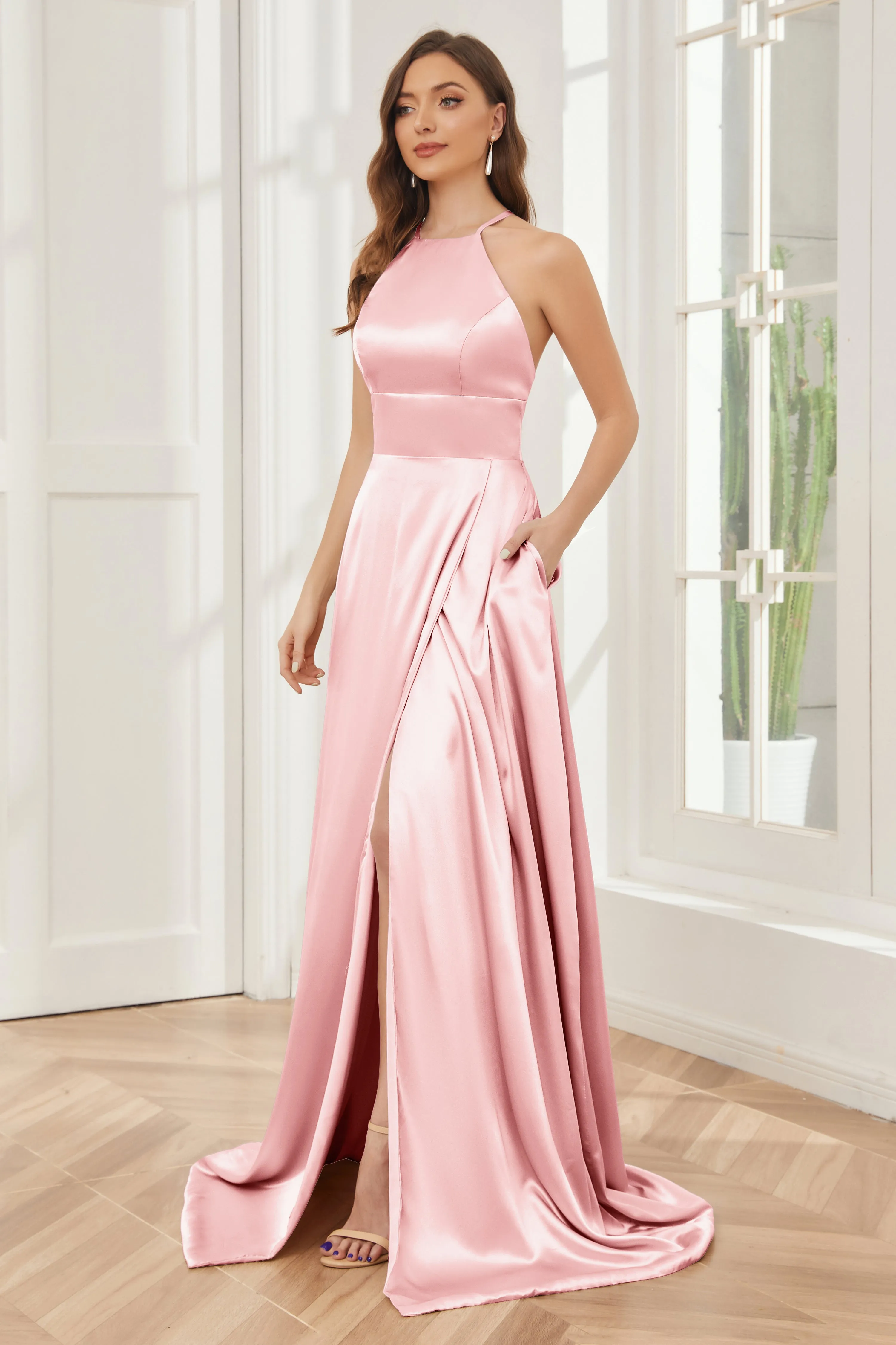 Column Halter Soft Satin Bridesmaid Dress with Pockets